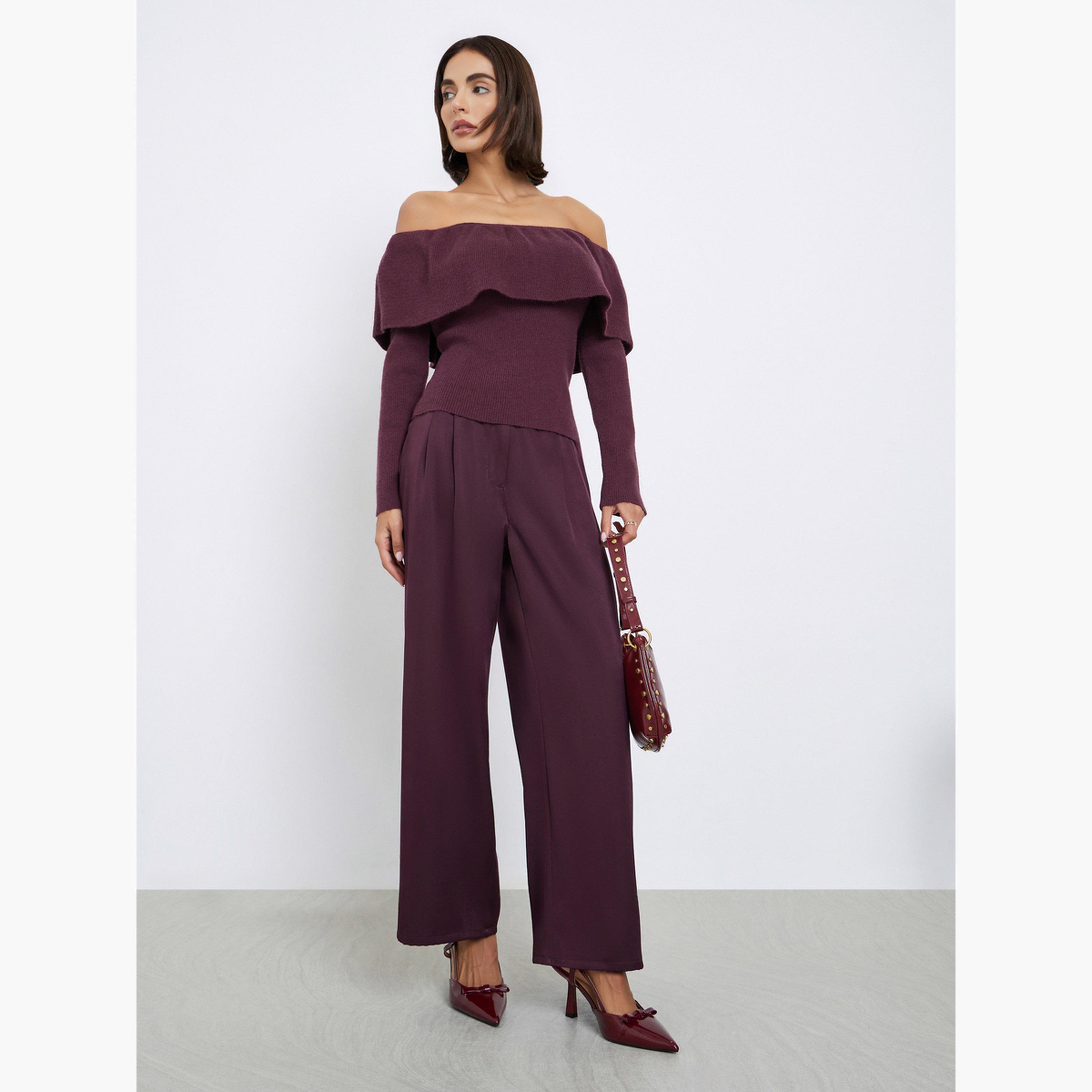ستايلي - بنطال برغندي واسع الساق مع جيوب للنساء-women-clothing-bottoms-trousers-image-2