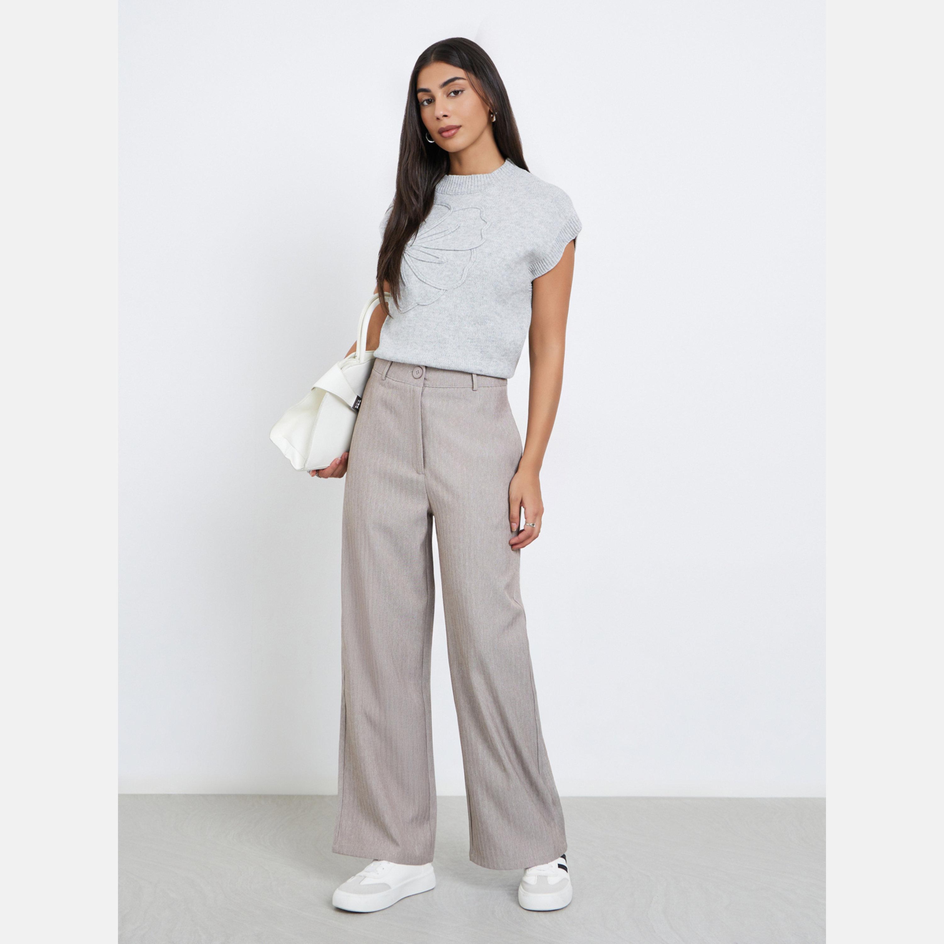 Styli Women Grey Wide Leg Herringbone Weave Trousers-women-clothing-bottoms-trousers-image-2