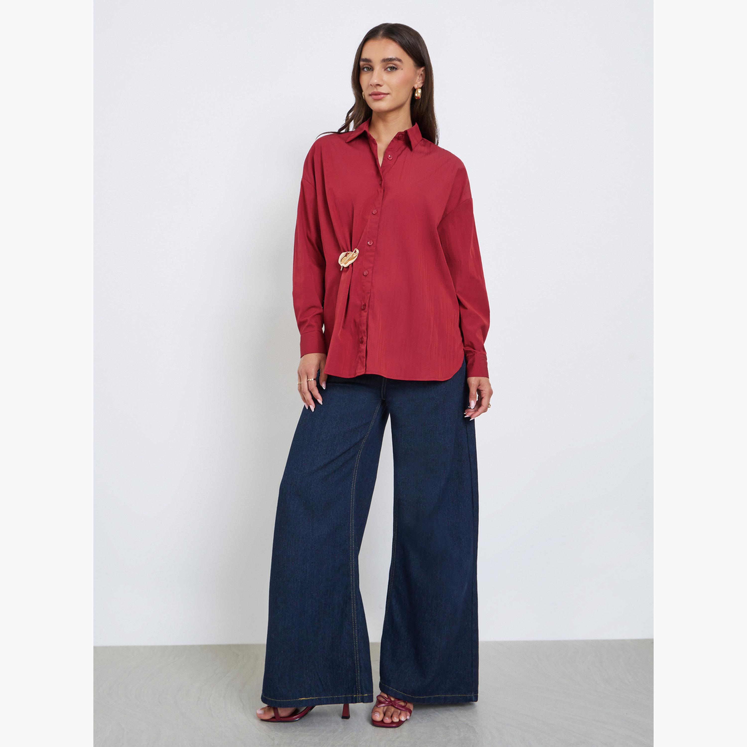 ستايلي - قميص برغندي بأزرار تصميم واسع للنساء-women-clothing-shirtsandblouses-shirts-image-2