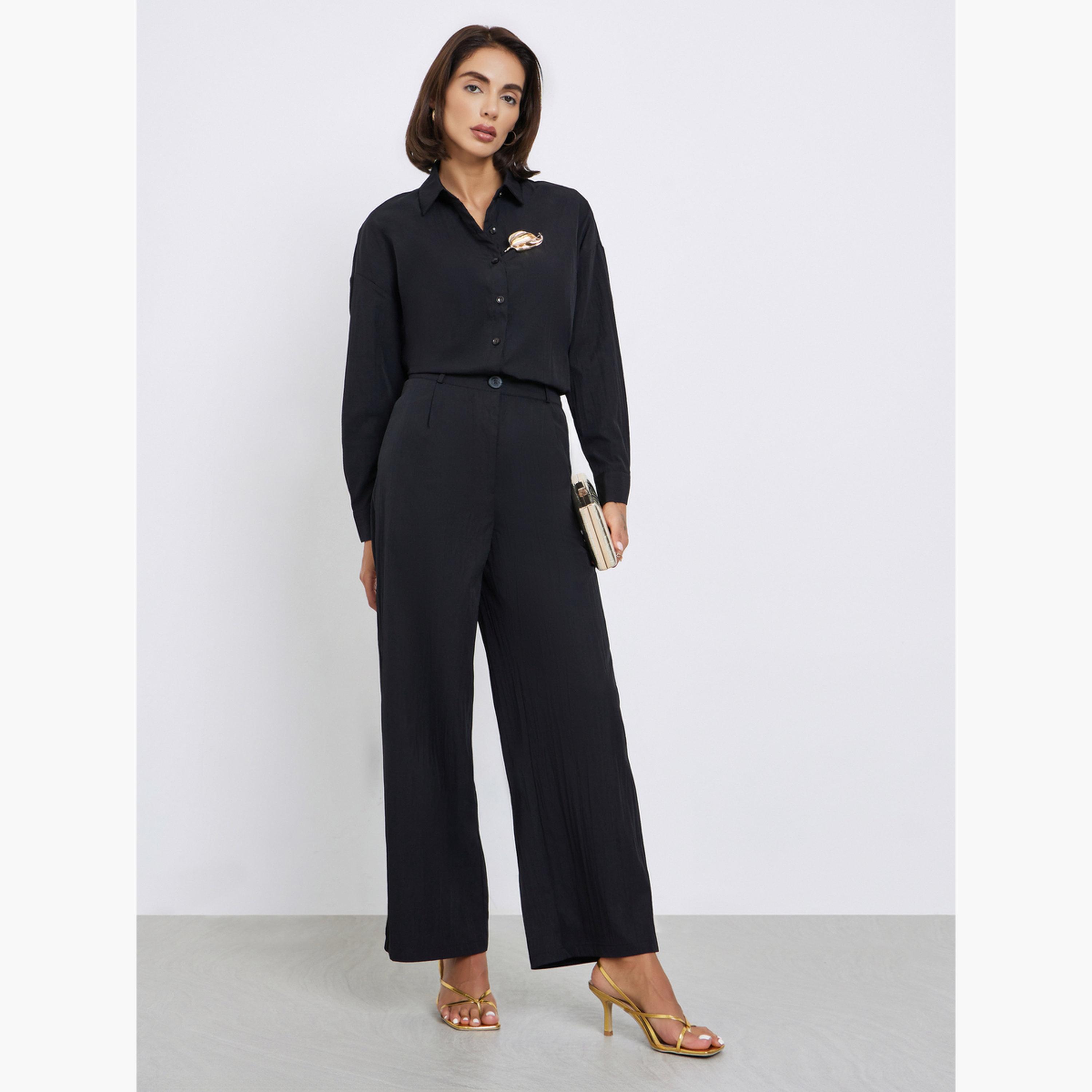 Styli Women Black Wide Leg Trousers with Pockets-women-clothing-bottoms-trousers-image-2