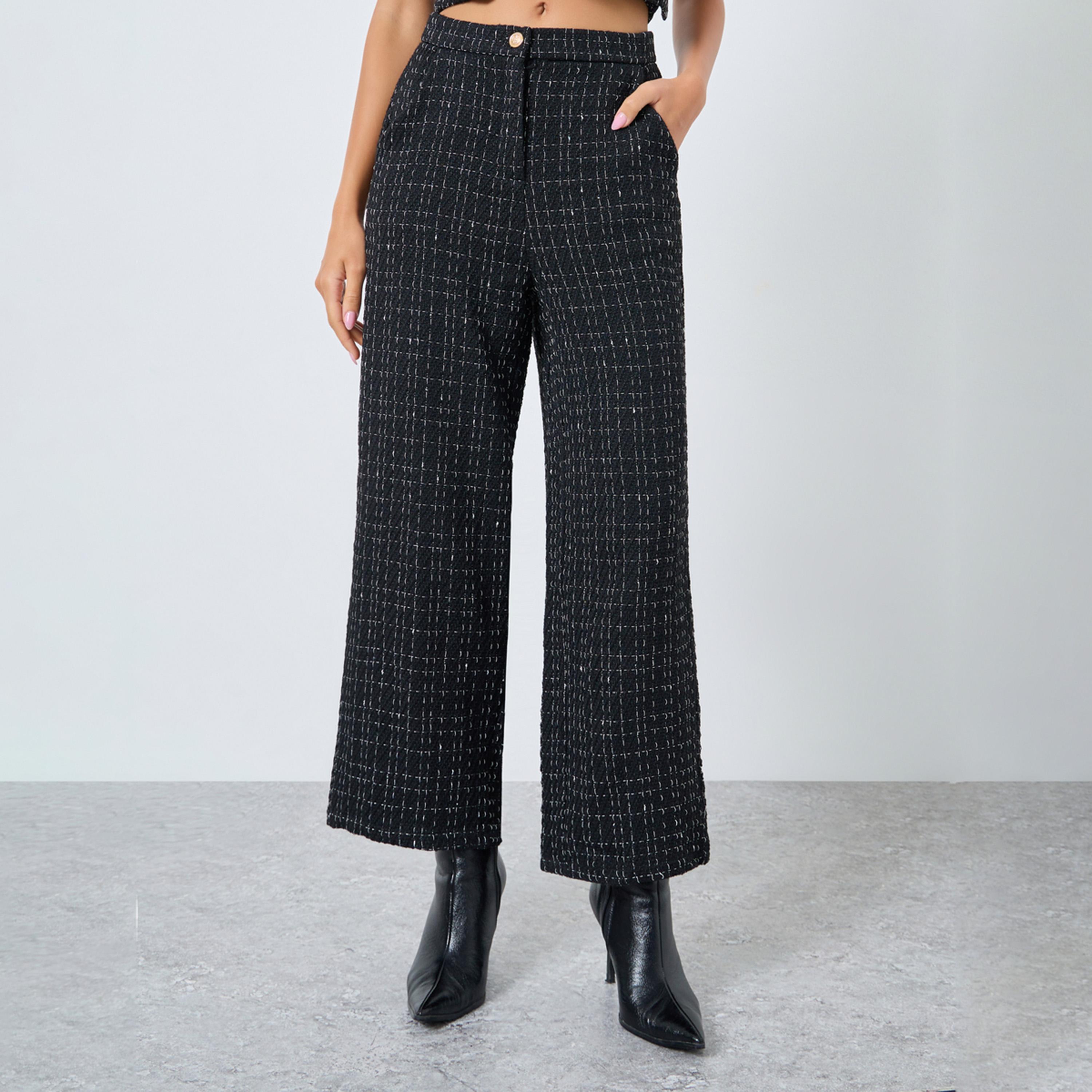 ستايلي - بنطال نسائي أسود من التويد بساق واسعة-women-clothing-bottoms-trousers-image-1