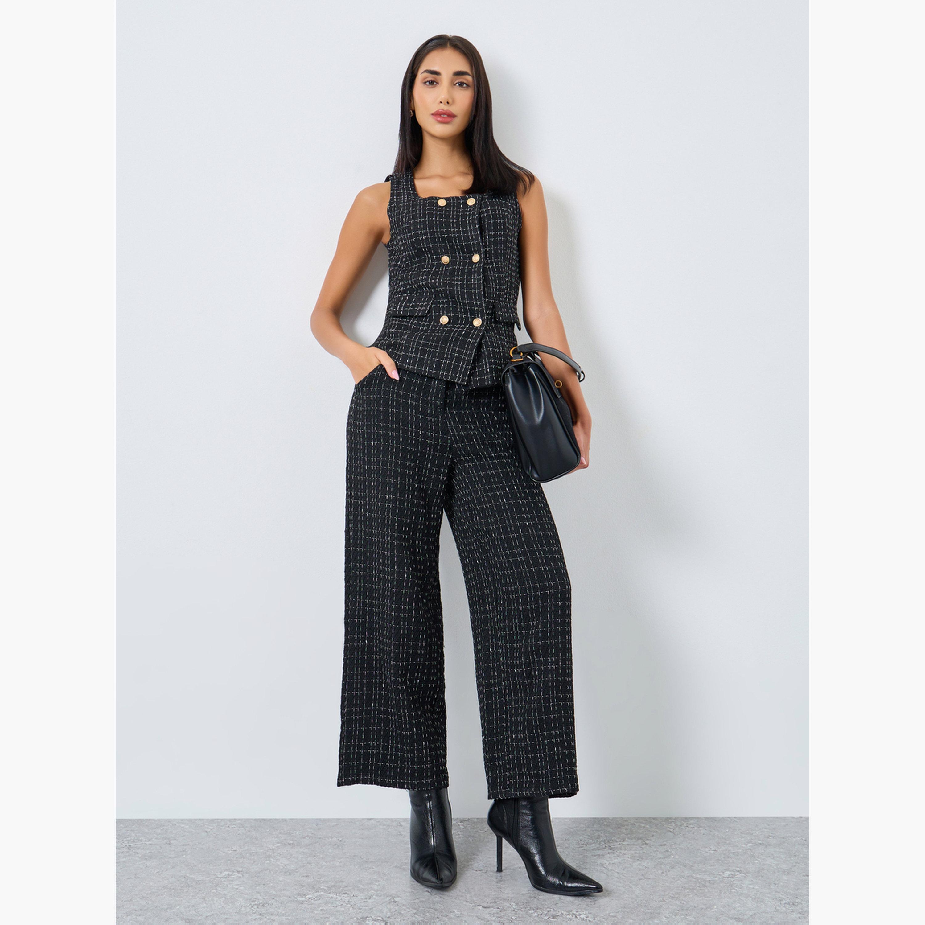 ستايلي - بنطال نسائي أسود من التويد بساق واسعة-women-clothing-bottoms-trousers-image-2