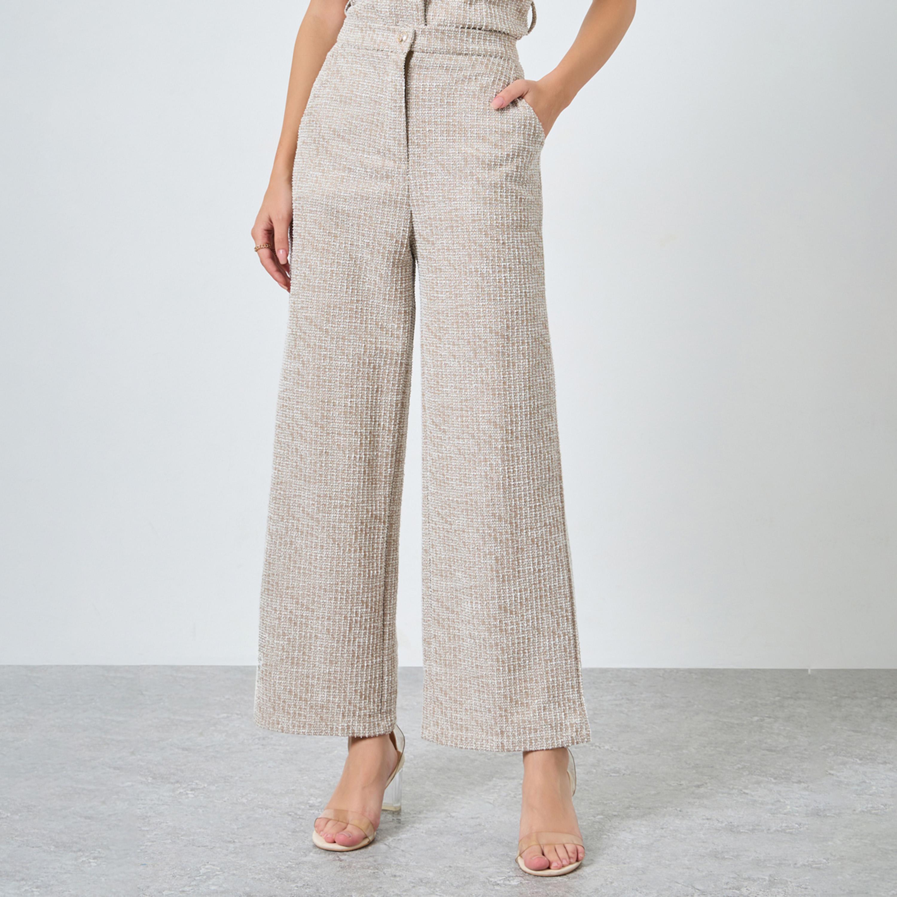 ستايلي - بنطال نسائي واسع الساق من التويد لون بيج مع حلقات للحزام-women-clothing-bottoms-trousers-image-1