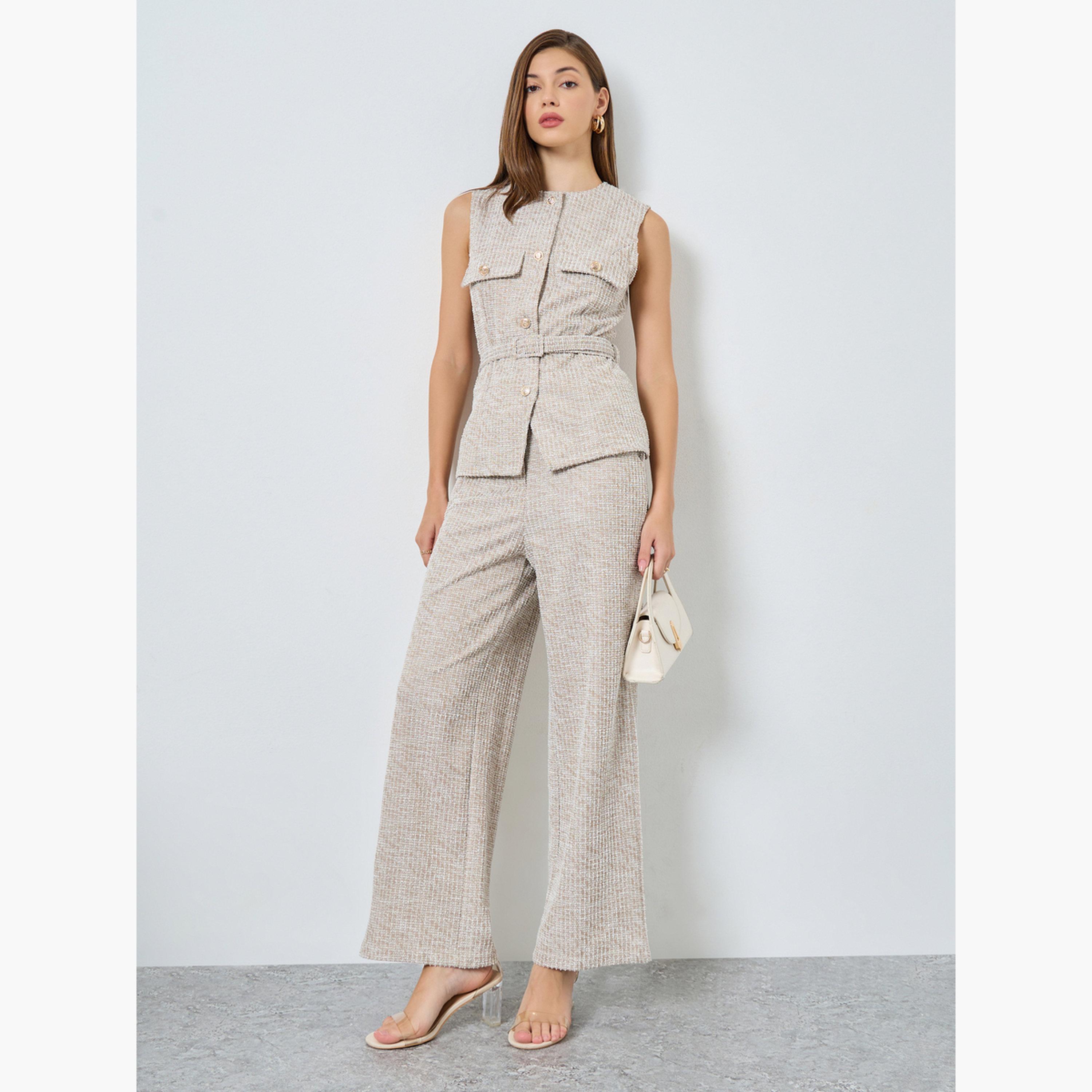 ستايلي - بنطال نسائي واسع الساق من التويد لون بيج مع حلقات للحزام-women-clothing-bottoms-trousers-image-2