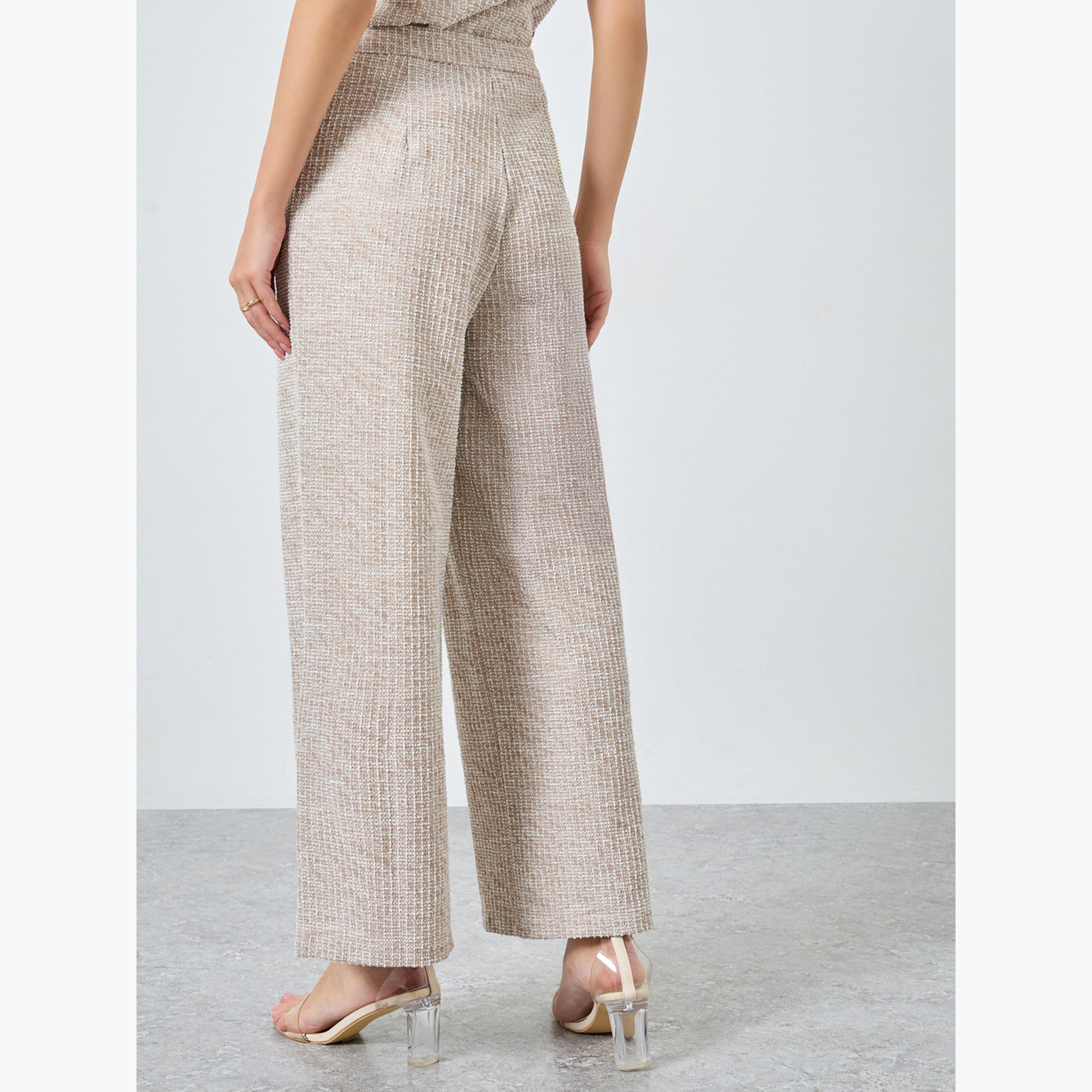 ستايلي - بنطال نسائي واسع الساق من التويد لون بيج مع حلقات للحزام-women-clothing-bottoms-trousers-image-4