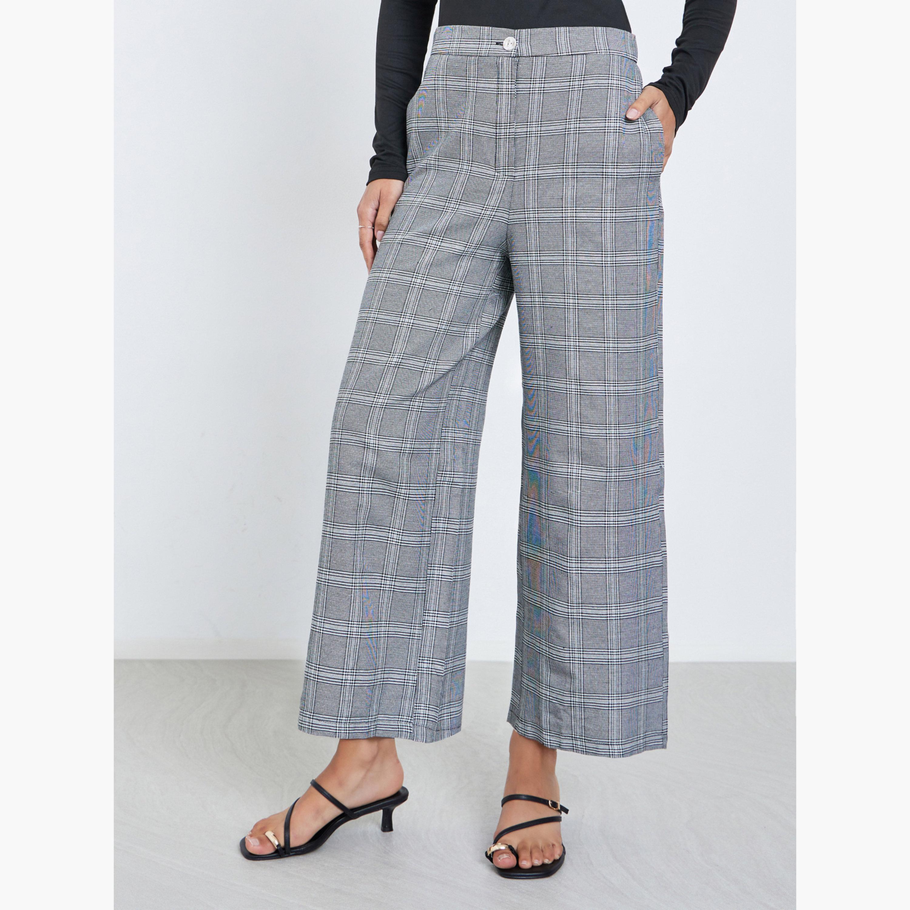 Styli Women Grey Checked Wide Leg Trousers-women-clothing-bottoms-trousers-image-1