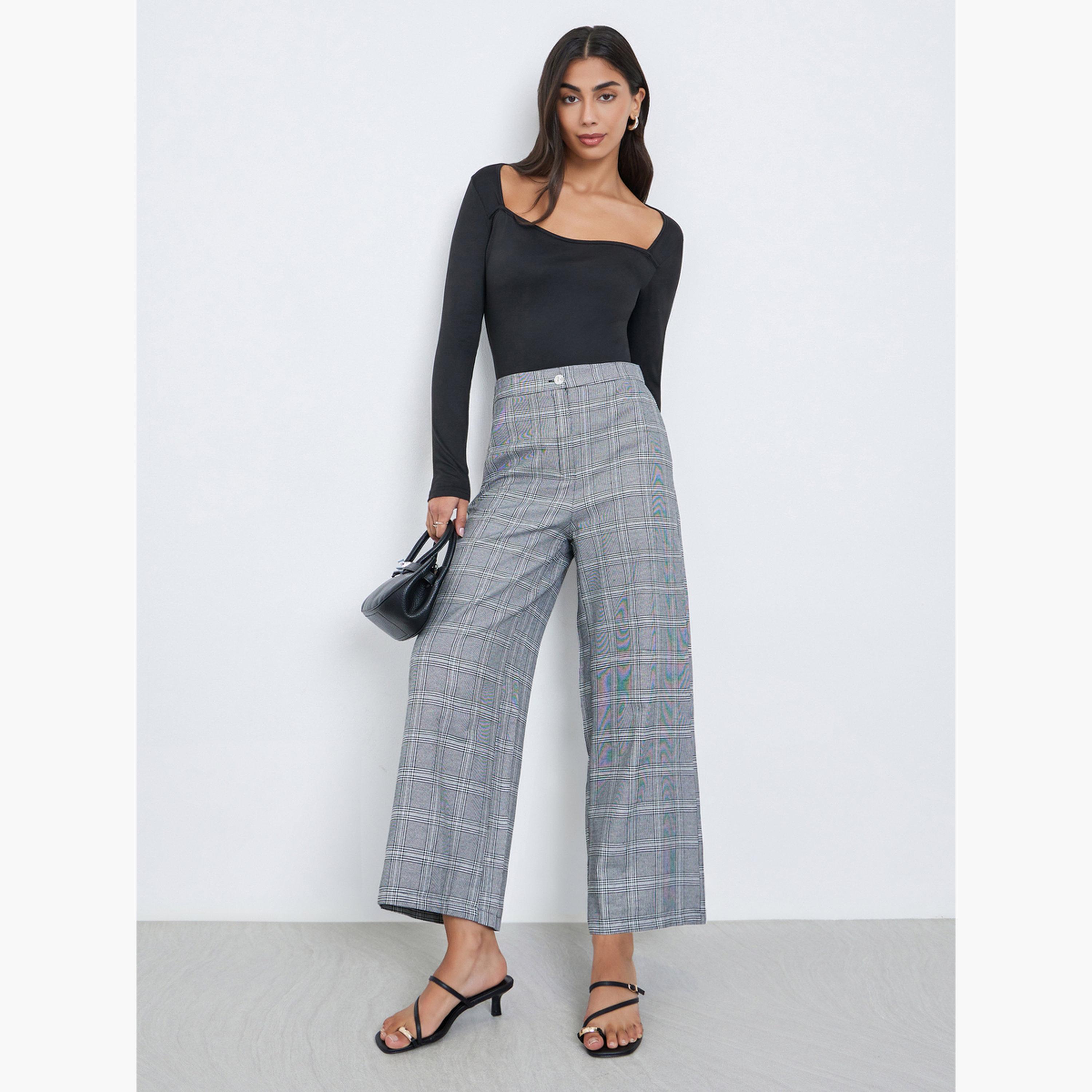 Styli Women Grey Checked Wide Leg Trousers-women-clothing-bottoms-trousers-image-2