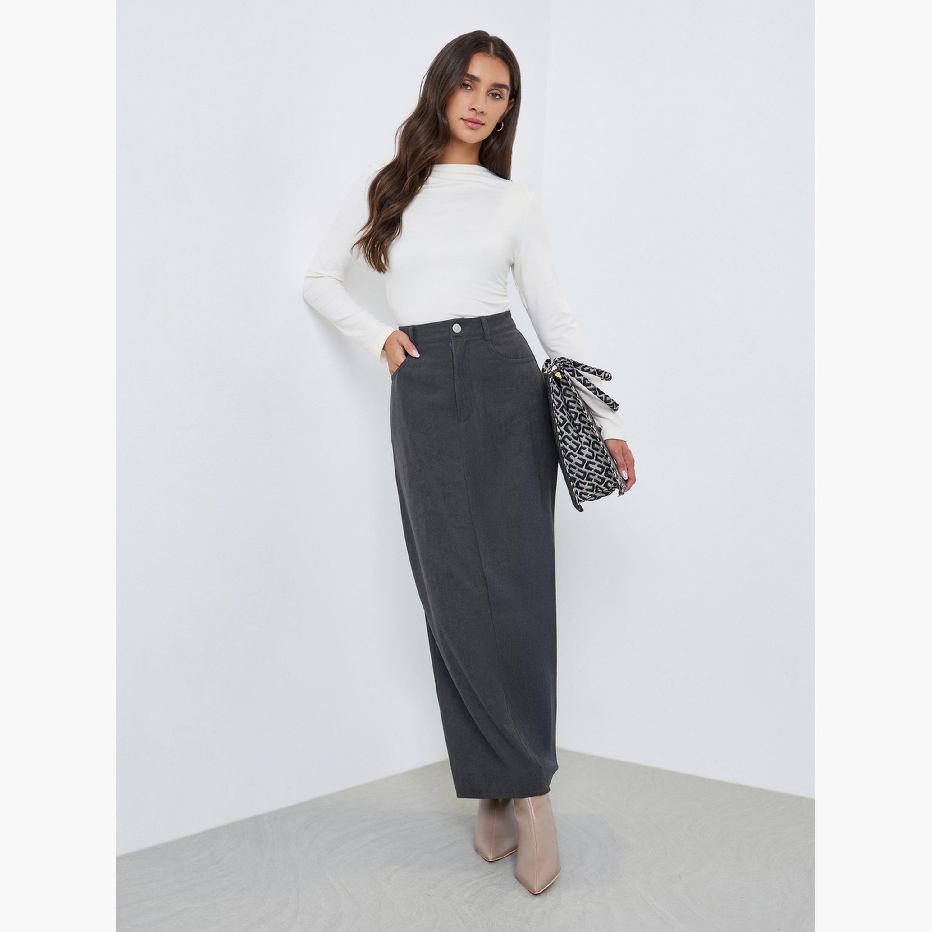 ستايلي - تنورة ماكسي مخملية بفتحة خلفية للنساء-women-clothing-bottoms-skirts-image-2
