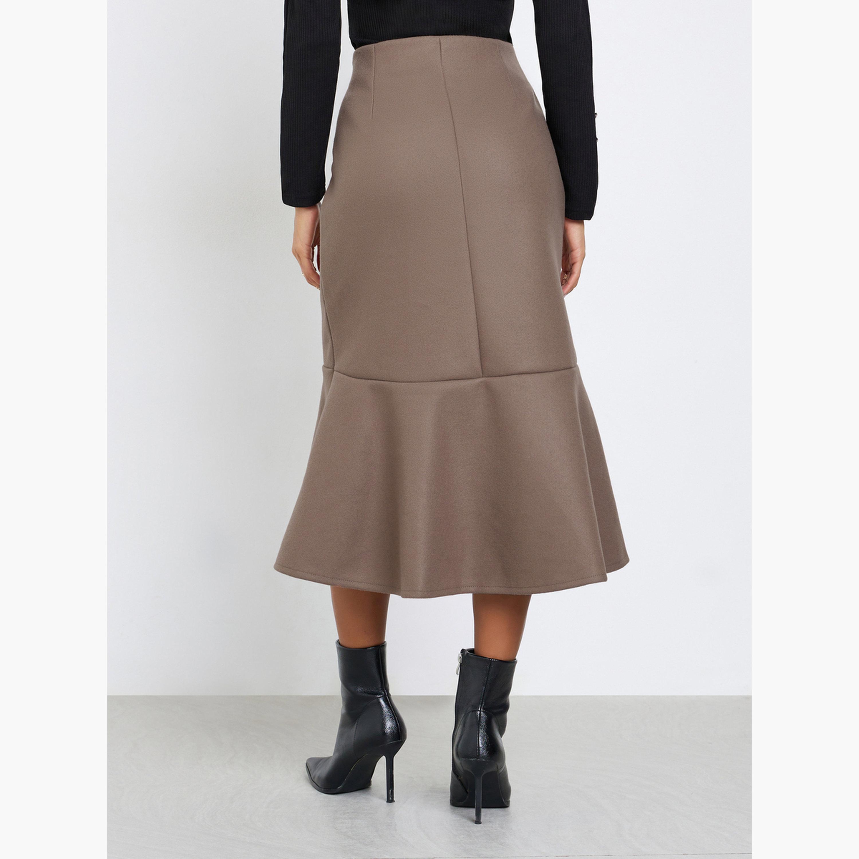 ستايلي - تنورة بنية اللون من الصوف العادي بقصّة متوسطة الطول وواسعة من الأسفل للنساء-women-clothing-bottoms-skirts-image-4