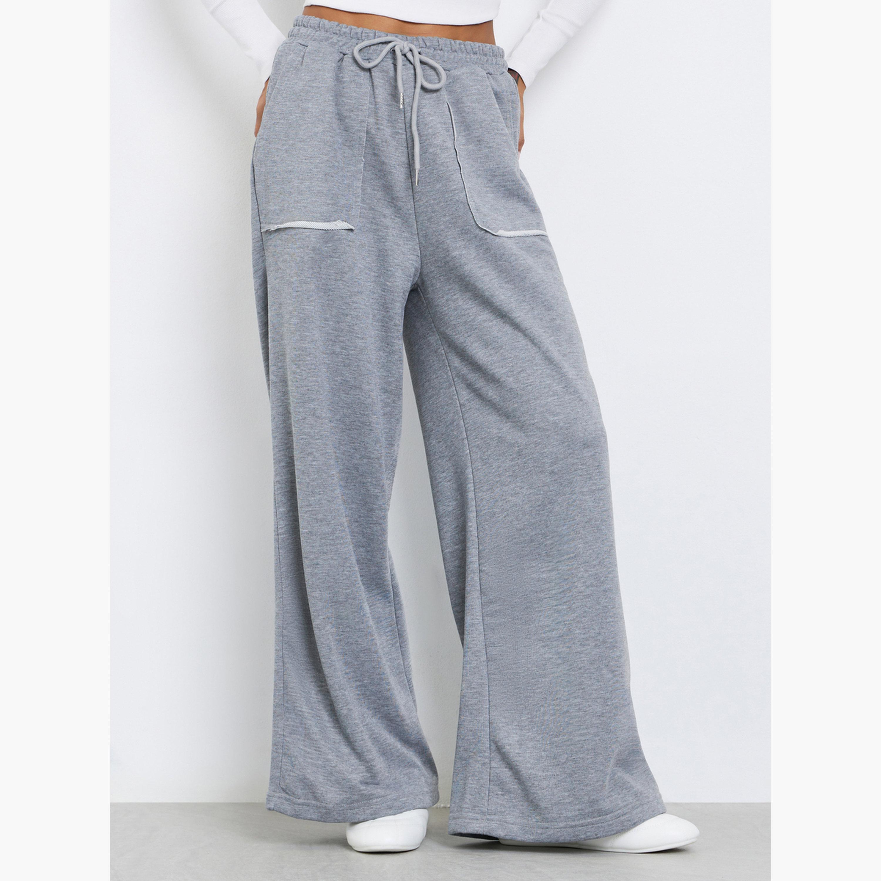 ستايلي - بنطال رياضي رمادي سادة واسع الساق مع خصر برباط للنساء-women-clothing-bottoms-joggers-image-1