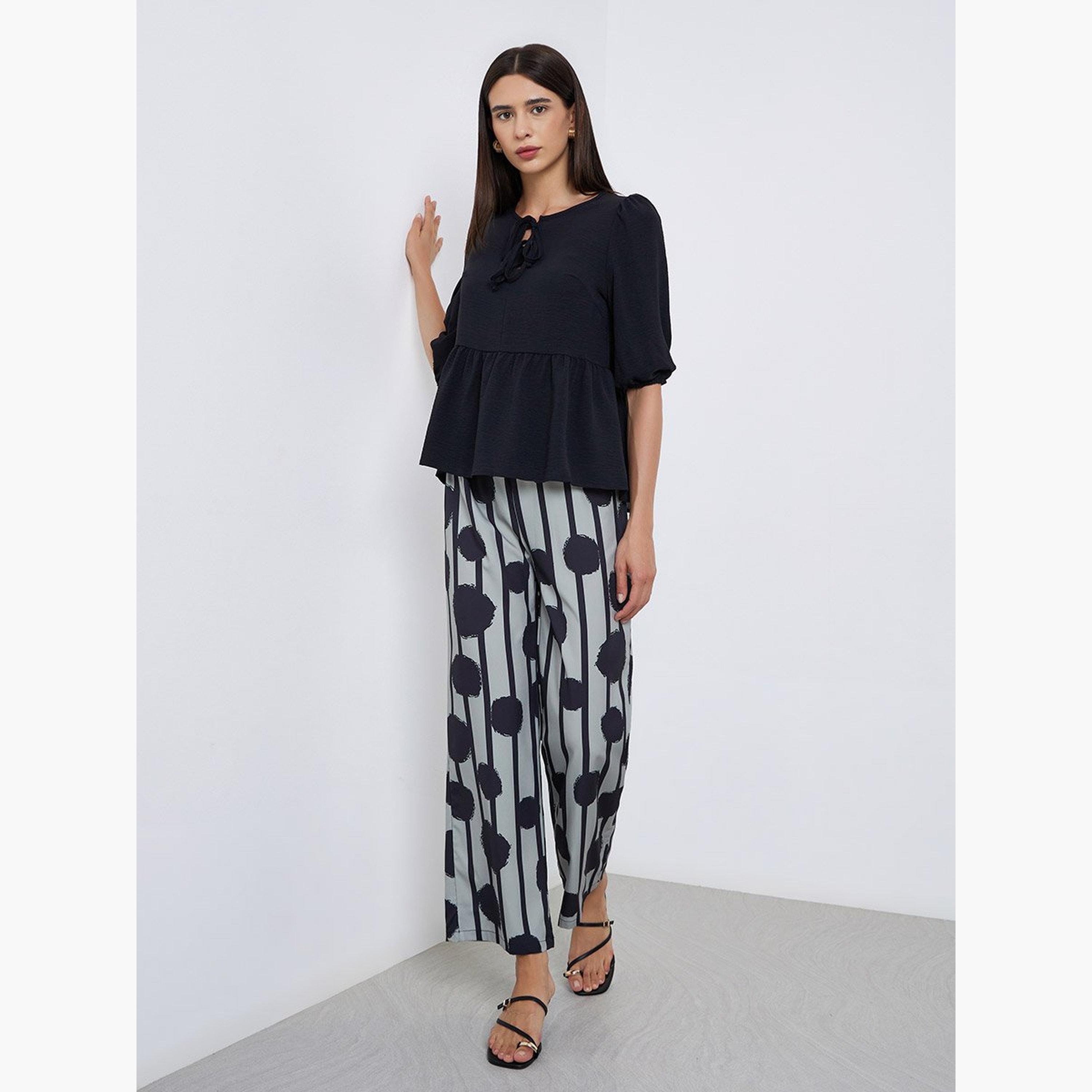 Take Two Black Ruffle Hem Top and Striped Polka Dot Pants Co-Ords-women-clothing-coordsets-image-1