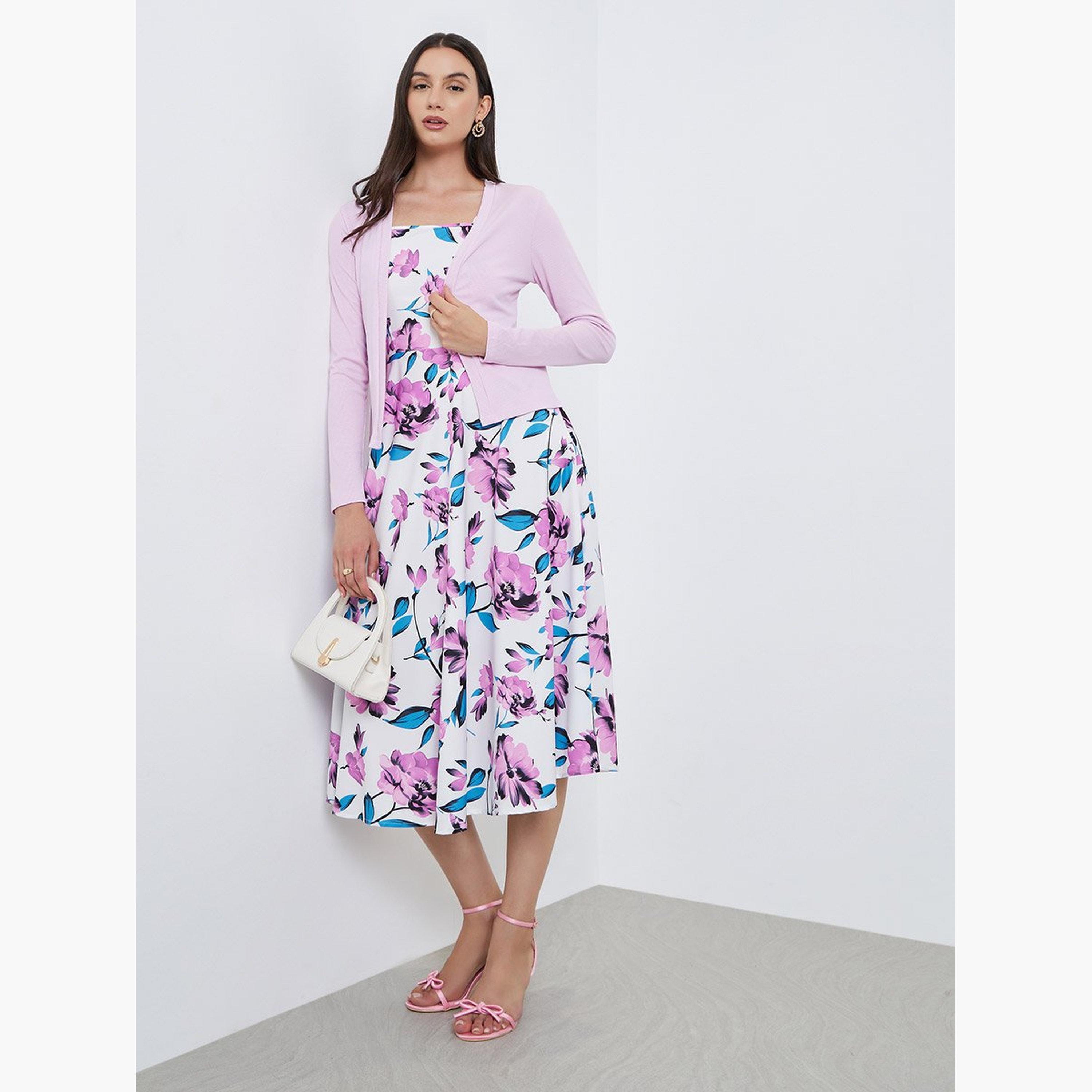 تيك تو - فستان كامي بطبعة زهور مع كارديغان مضلع-women-clothing-coordsets-image-1