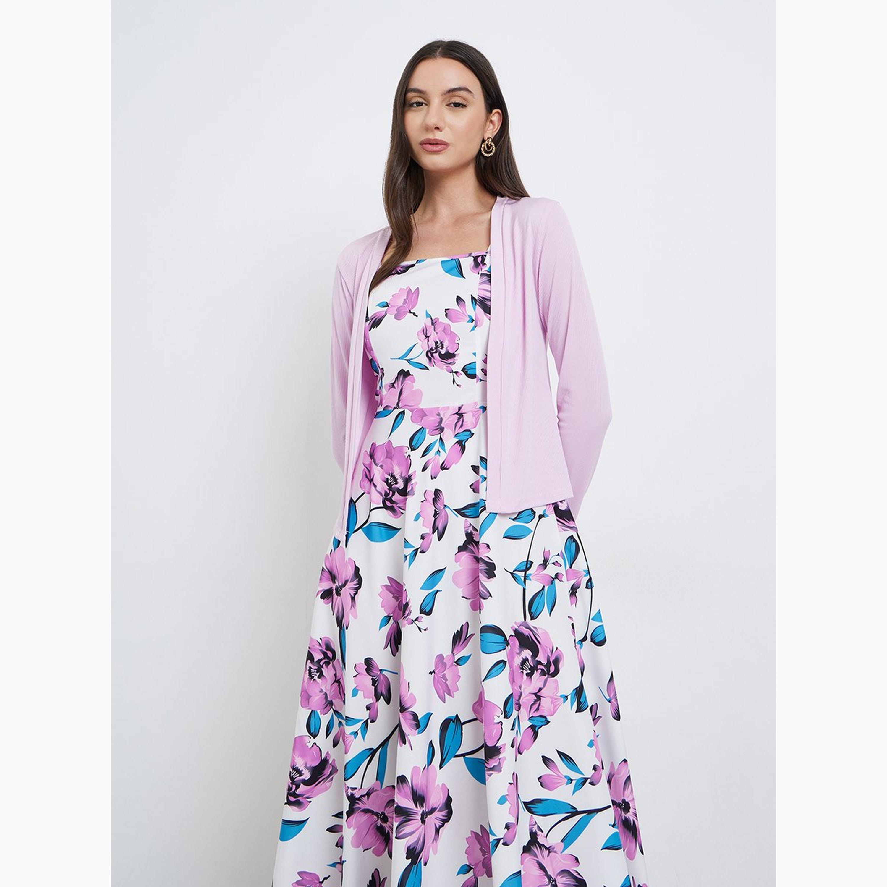 تيك تو - فستان كامي بطبعة زهور مع كارديغان مضلع-women-clothing-coordsets-image-2