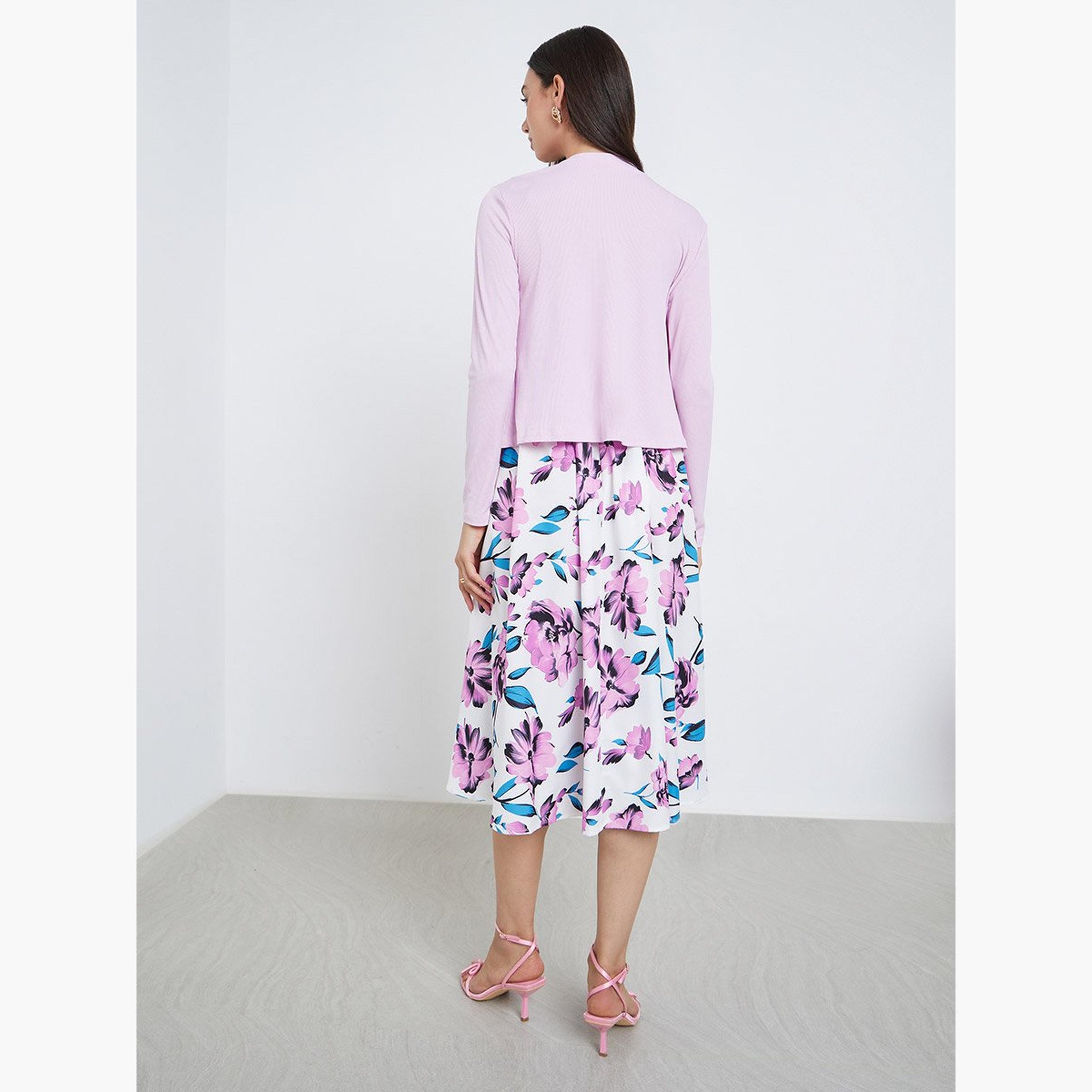 تيك تو - فستان كامي بطبعة زهور مع كارديغان مضلع-women-clothing-coordsets-image-5