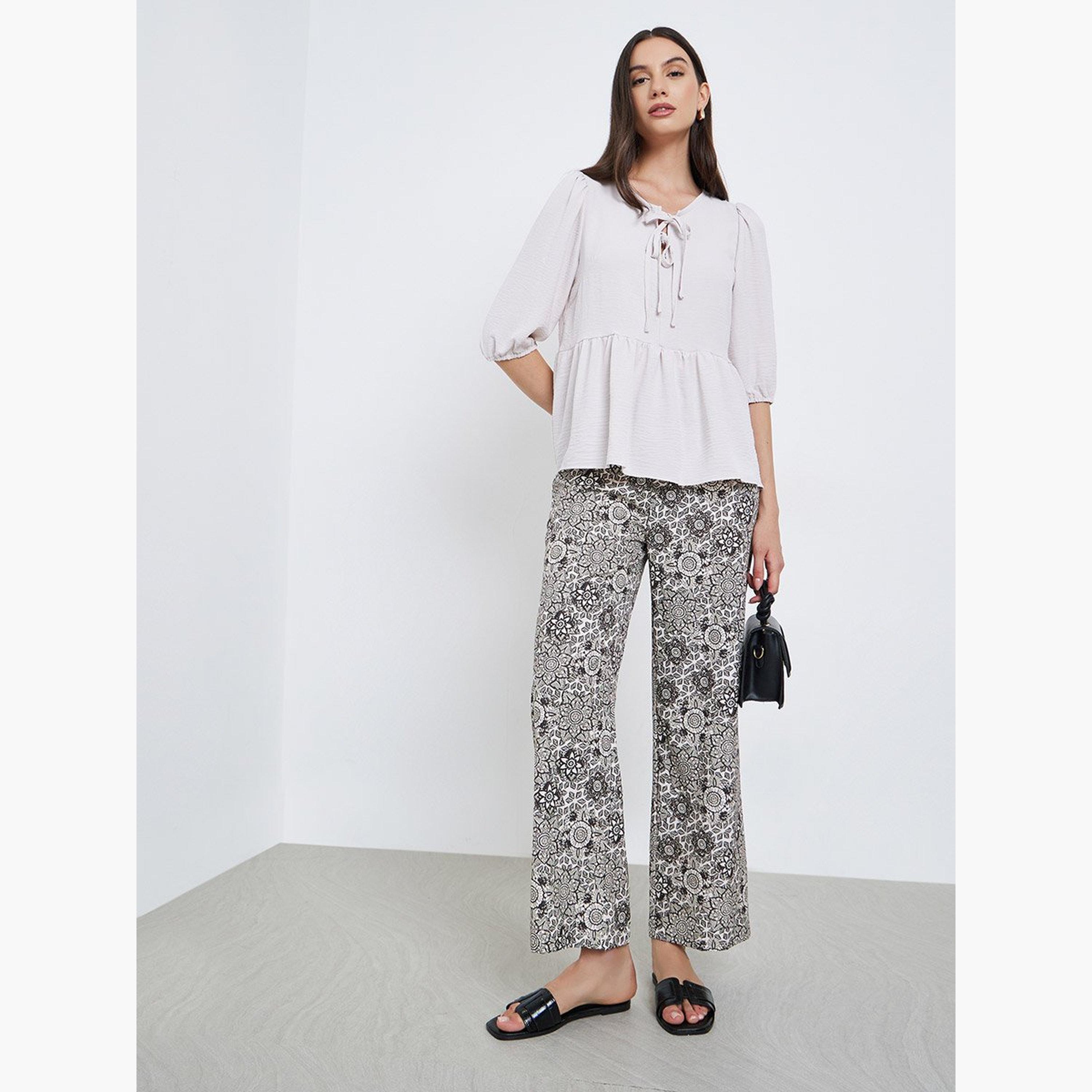 Take Two Ruffle Hem Tops and All-Over Printed Pants Set-women-clothing-coordsets-image-1