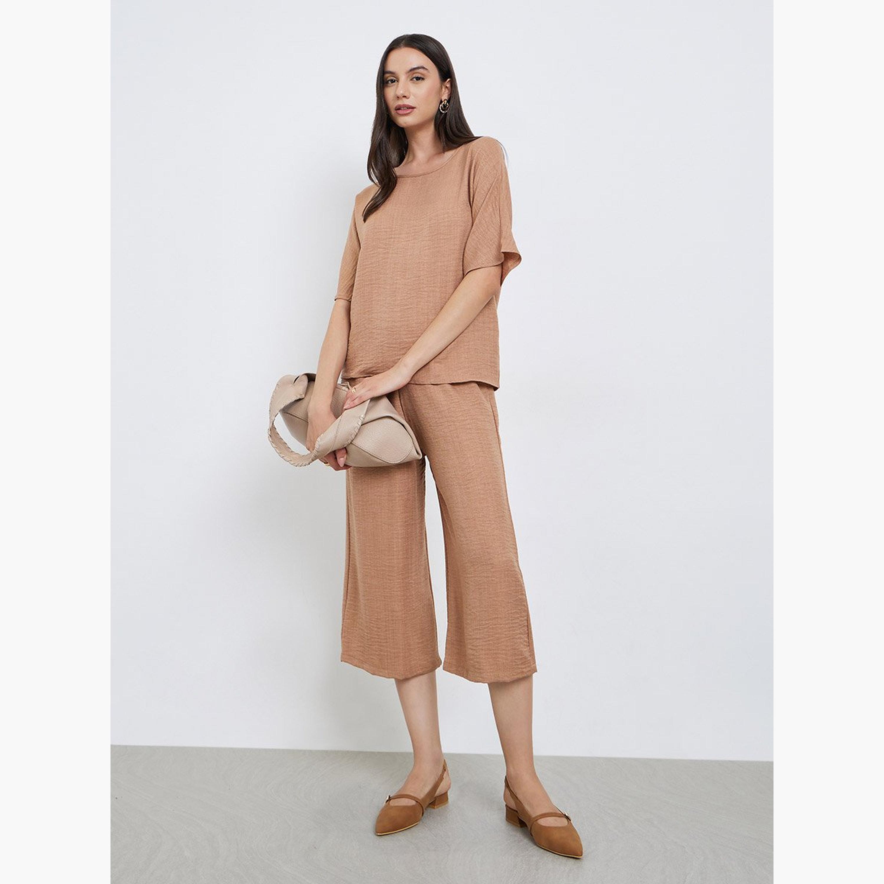 Take Two Brown Short Sleeve Top and 3/4 Length Pants Co-Ords-women-clothing-coordsets-image-1