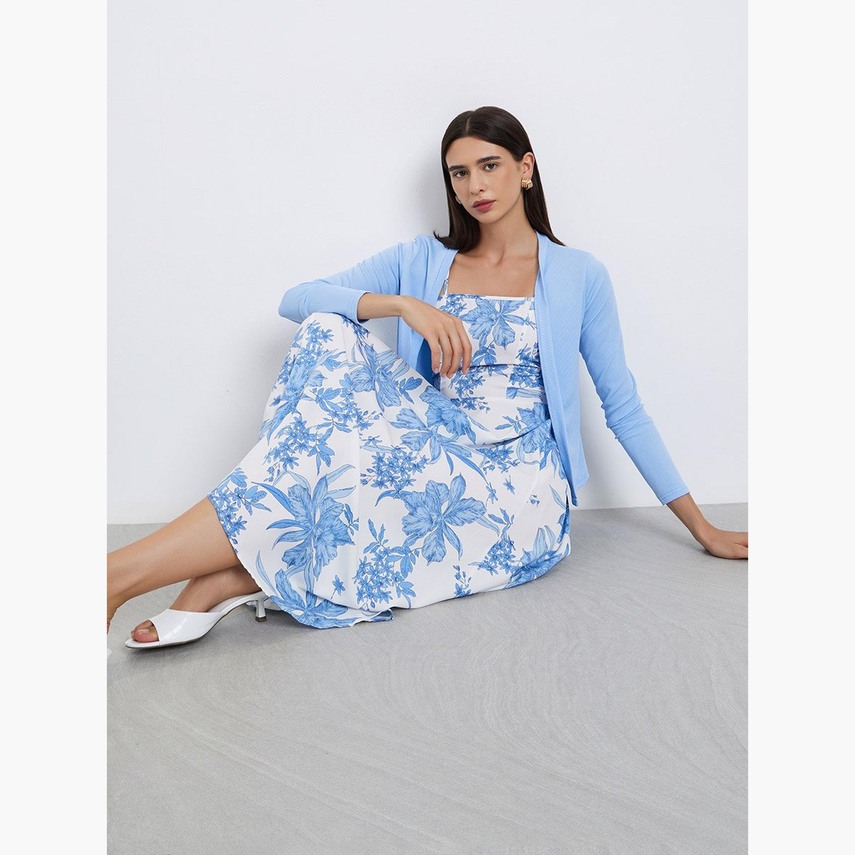 تيك تو - فستان كامي بطبعة زهور مع كارديغان مضلع-women-clothing-coordsets-image-2