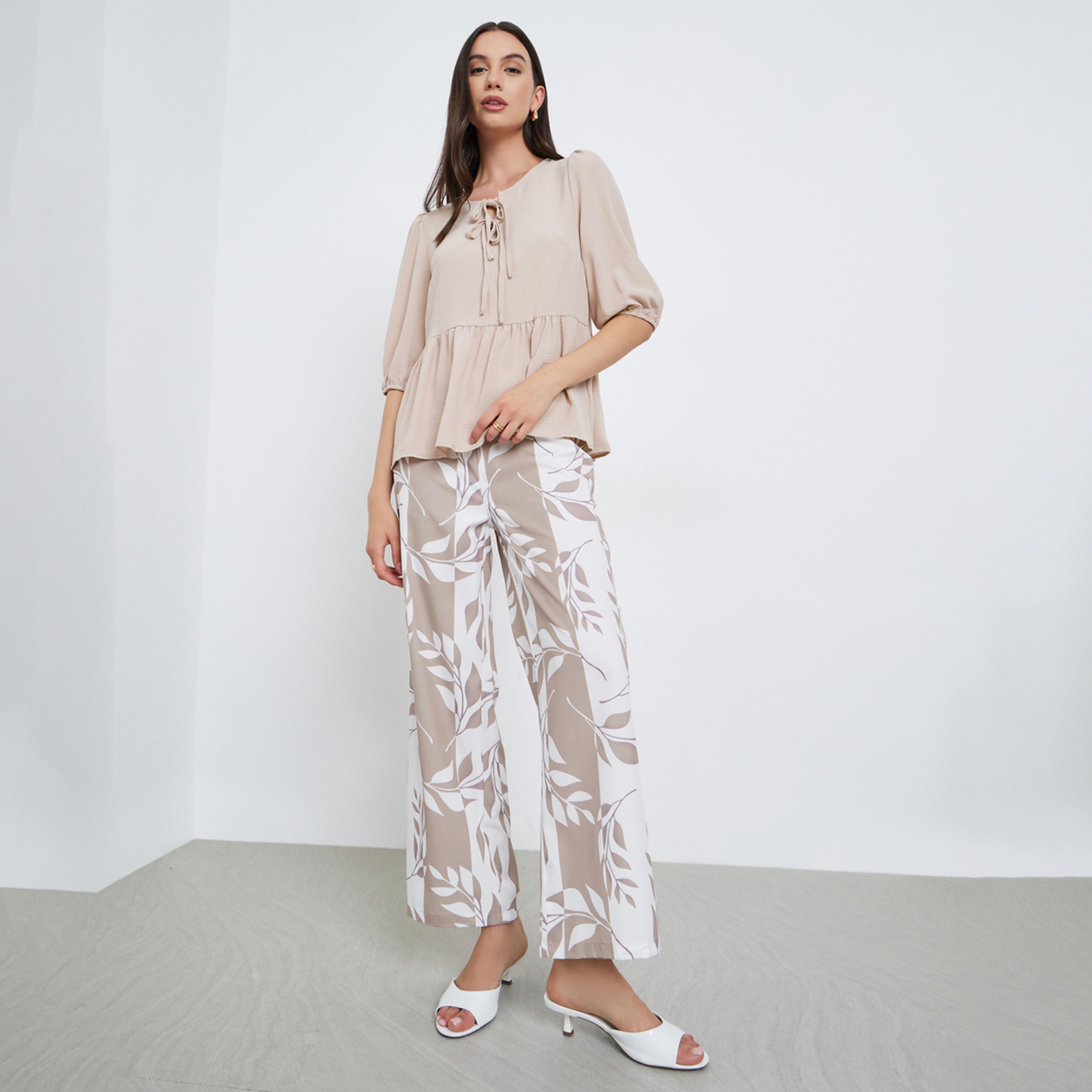 Take Two Ruffle Hem Half Sleeve Tops and Leaf Printed Pants Set-women-clothing-coordsets-image-1