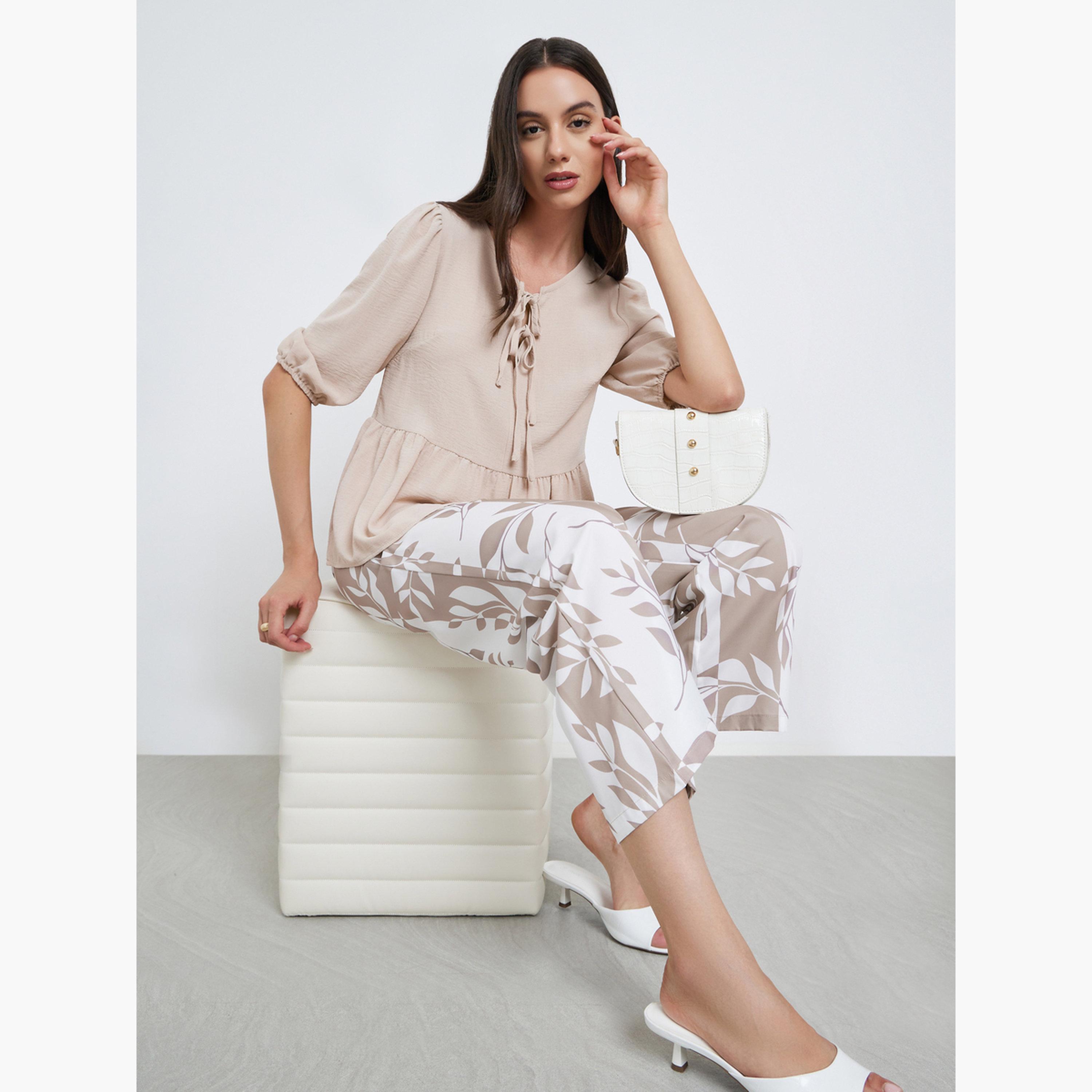 Take Two Ruffle Hem Half Sleeve Tops and Leaf Printed Pants Set-women-clothing-coordsets-image-2