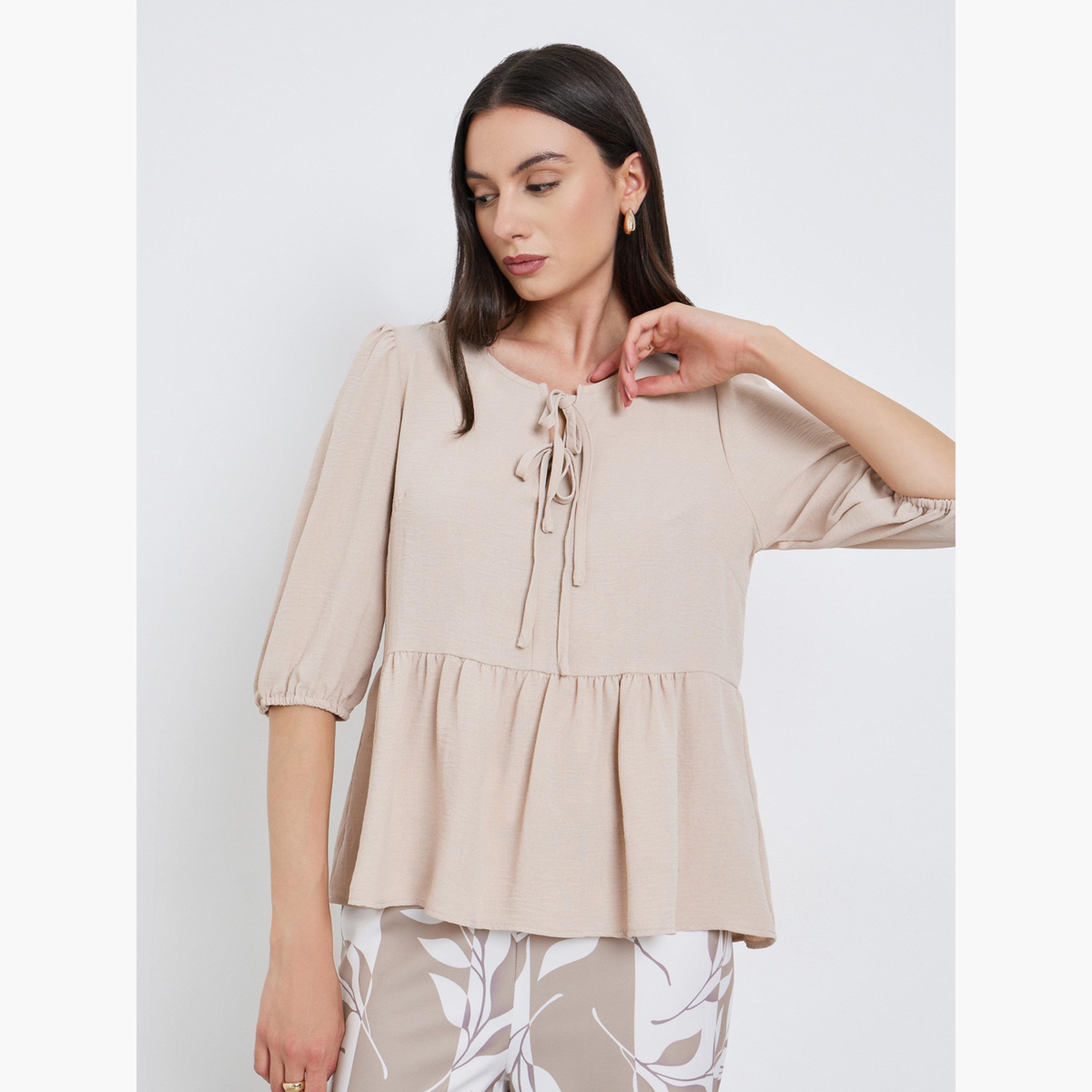 Take Two Ruffle Hem Half Sleeve Tops and Leaf Printed Pants Set-women-clothing-coordsets-image-3
