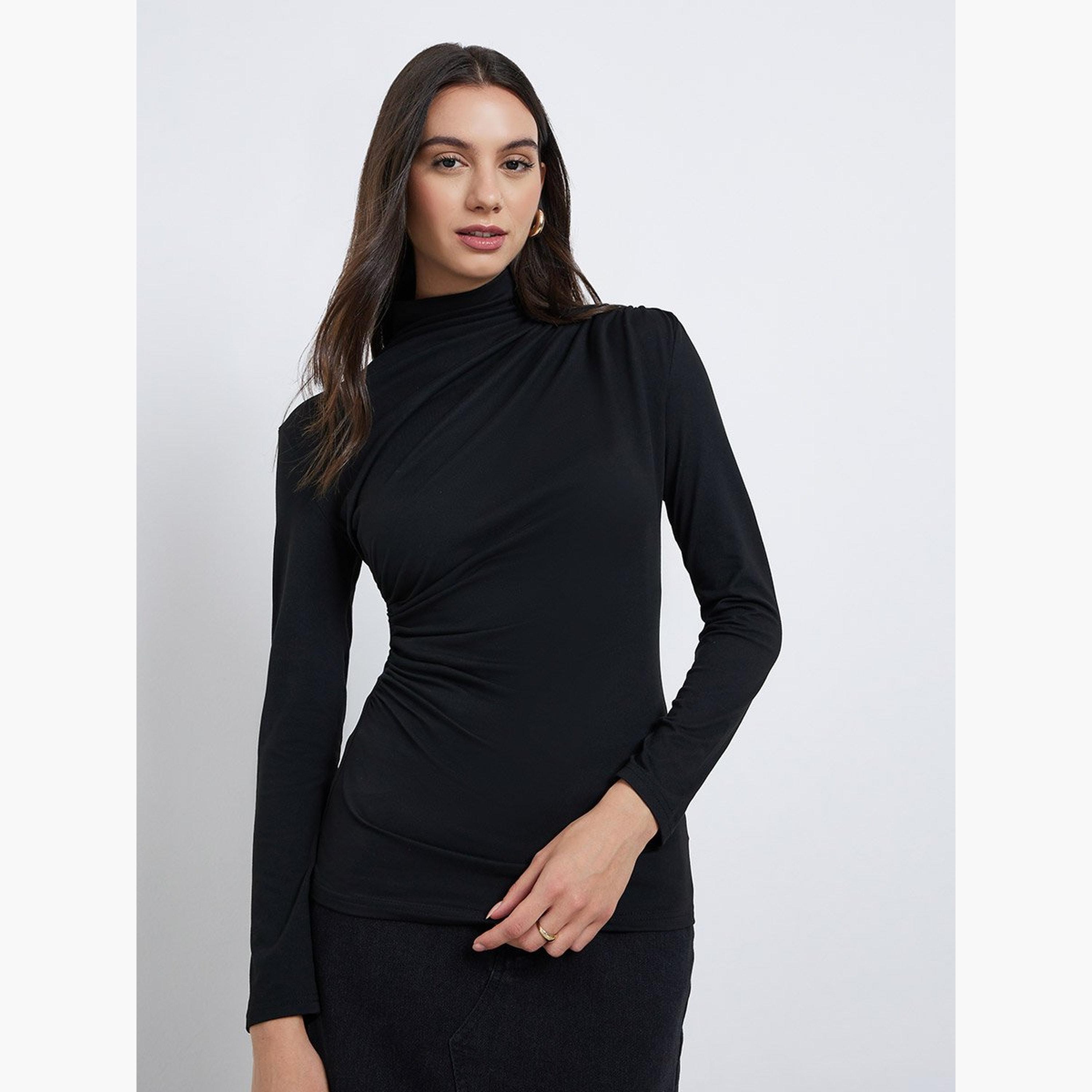 Take Two Black Ruching Detail Long Sleeve Top-women-clothing-shirtsandblouses-blouses-image-1