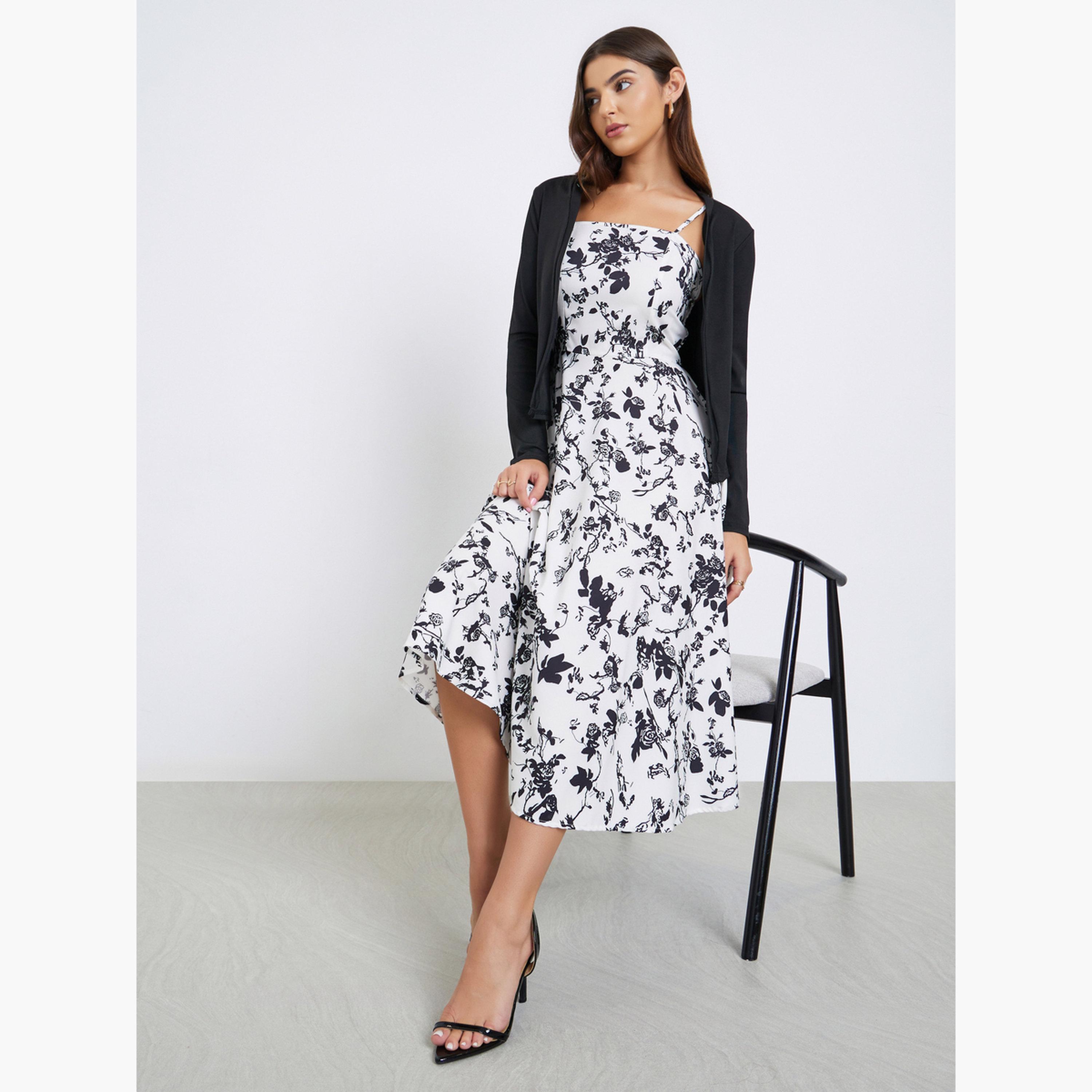 تيك تو - فستان كامي متوسط الطول مزهر مع سترة كارديغان-women-clothing-coordsets-image-7