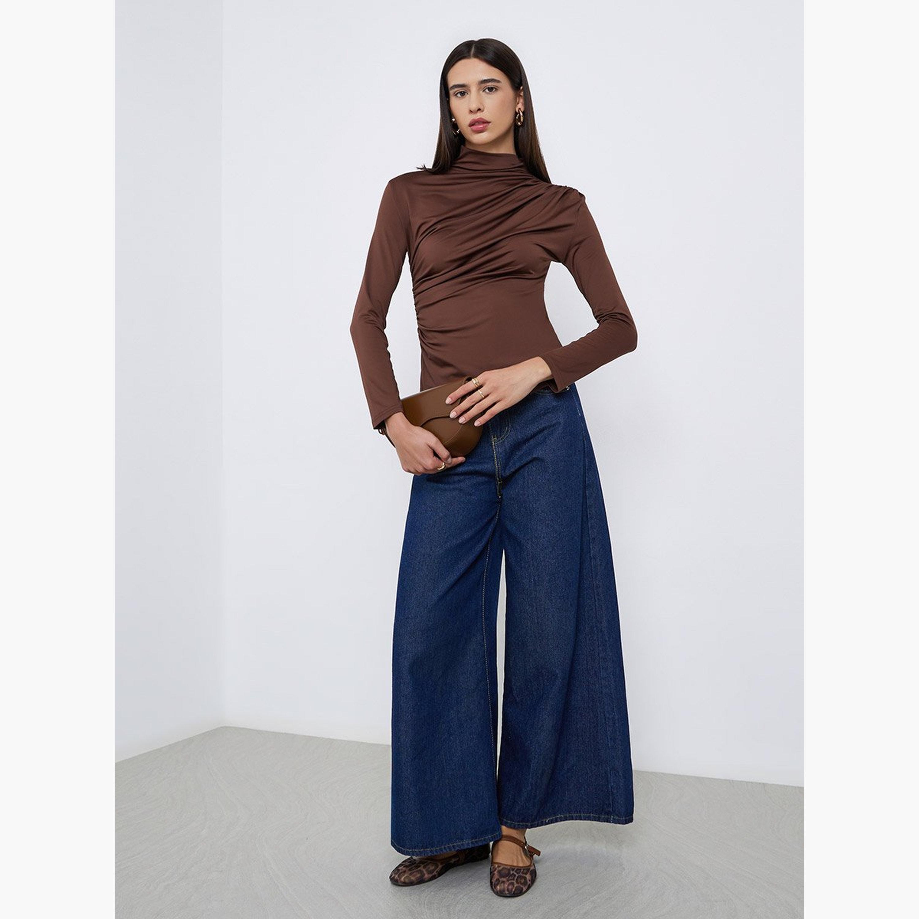 Take Two Brown High Neck Ruching Detail Long Sleeve Top-women-clothing-shirtsandblouses-blouses-image-2