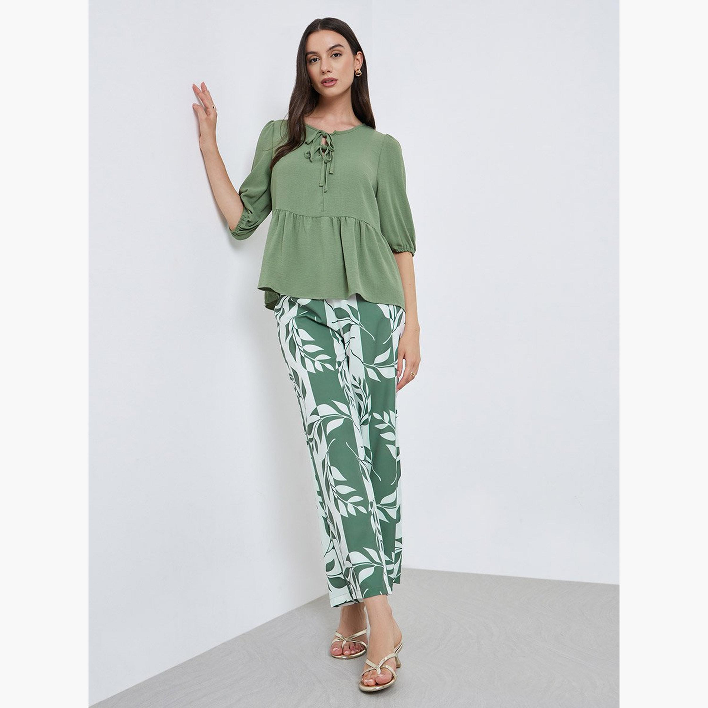 Take Two Ruffle Hem Tops and Leaf Printed Pants Set-women-clothing-coordsets-image-1