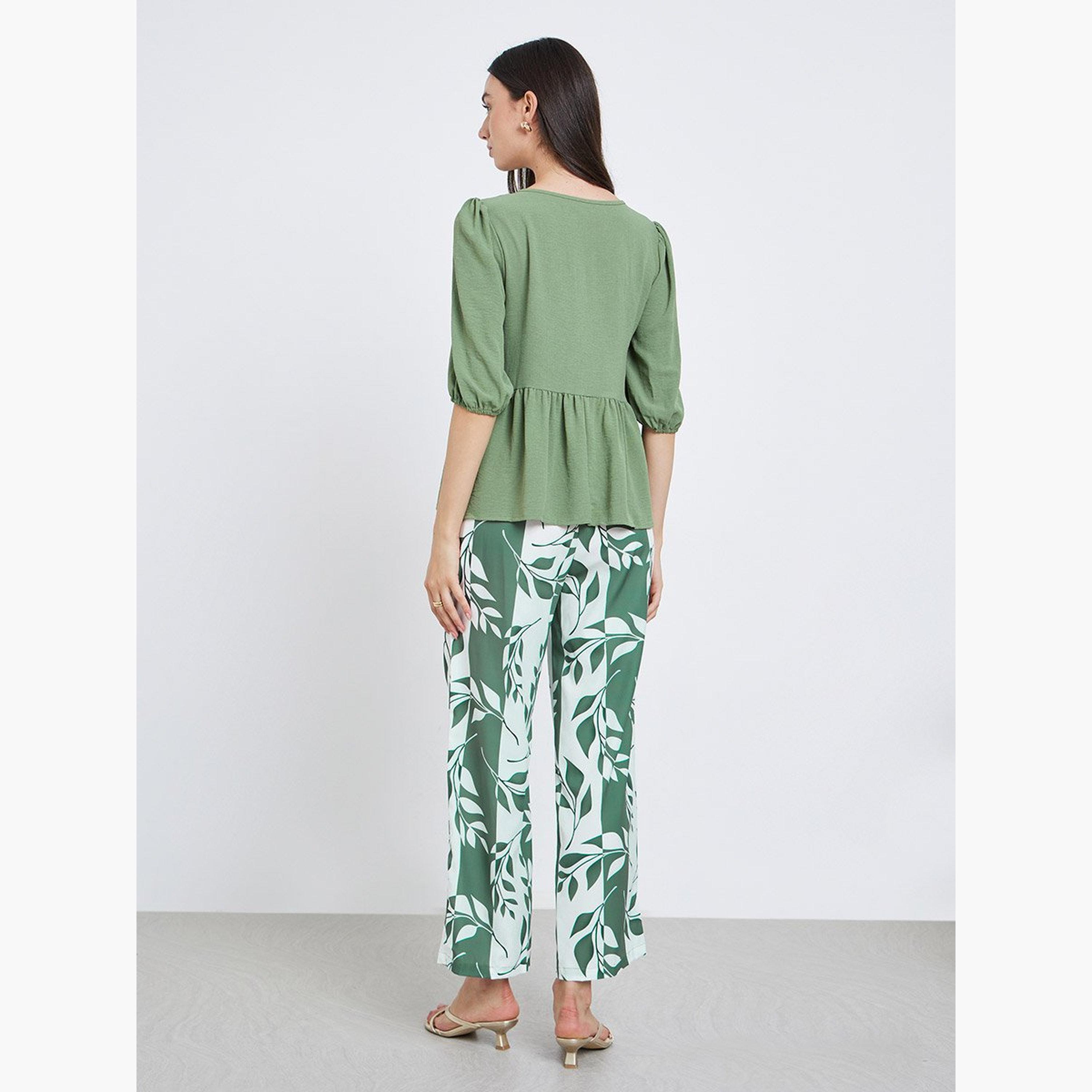 Take Two Ruffle Hem Tops and Leaf Printed Pants Set-women-clothing-coordsets-image-5