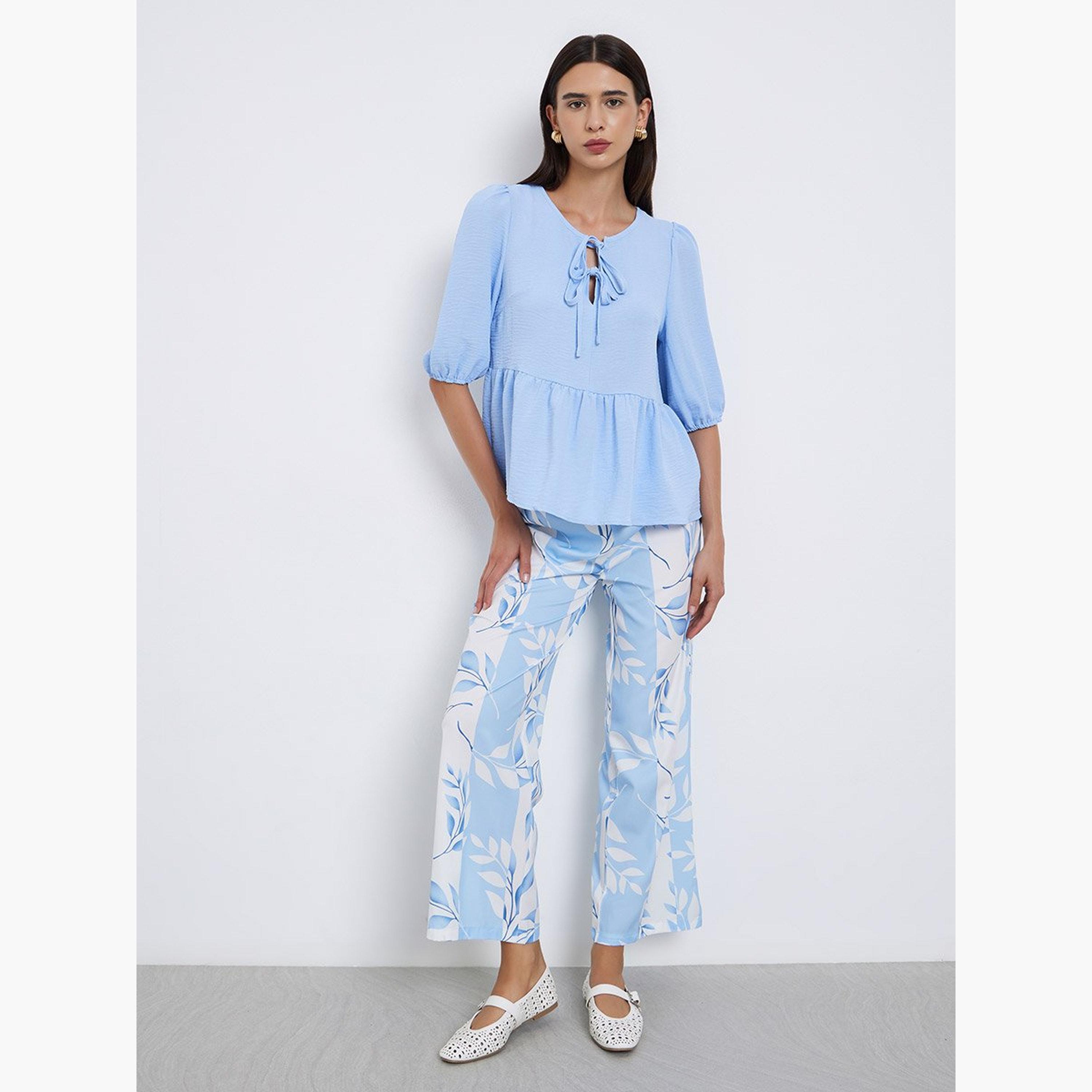 Take Two Blue Ruffle Hem Top and Floral Print Pants Co-Ords-women-clothing-coordsets-image-1