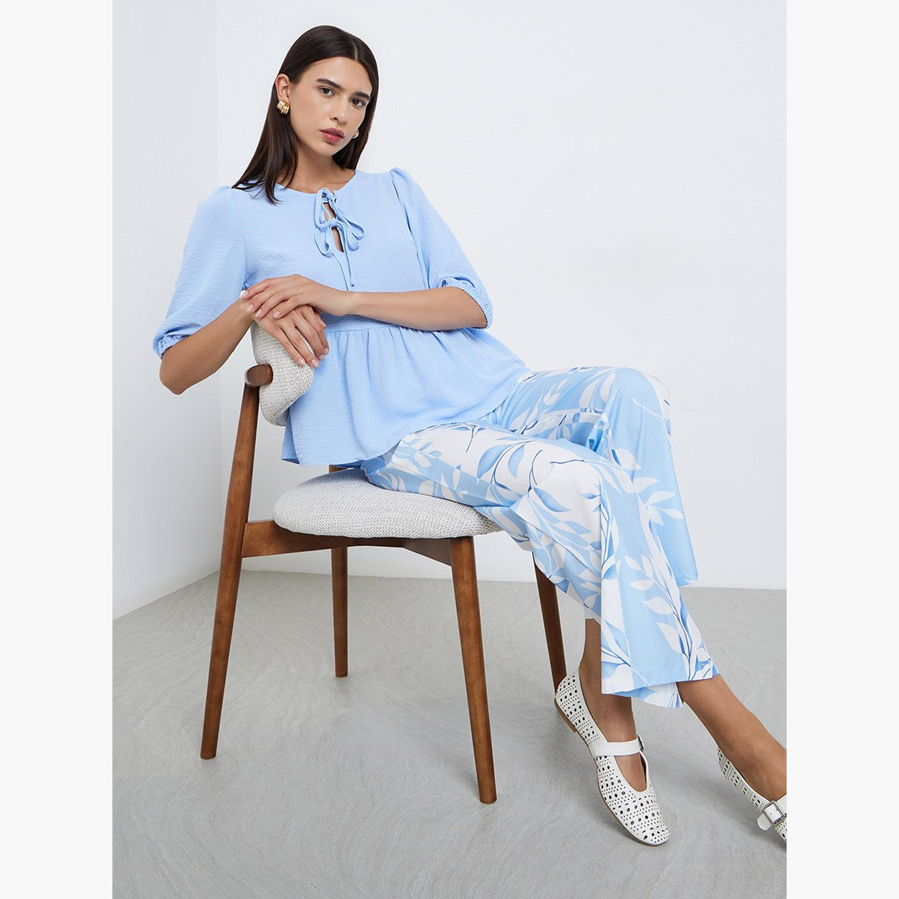 Take Two Blue Ruffle Hem Top and Floral Print Pants Co-Ords-women-clothing-coordsets-image-2