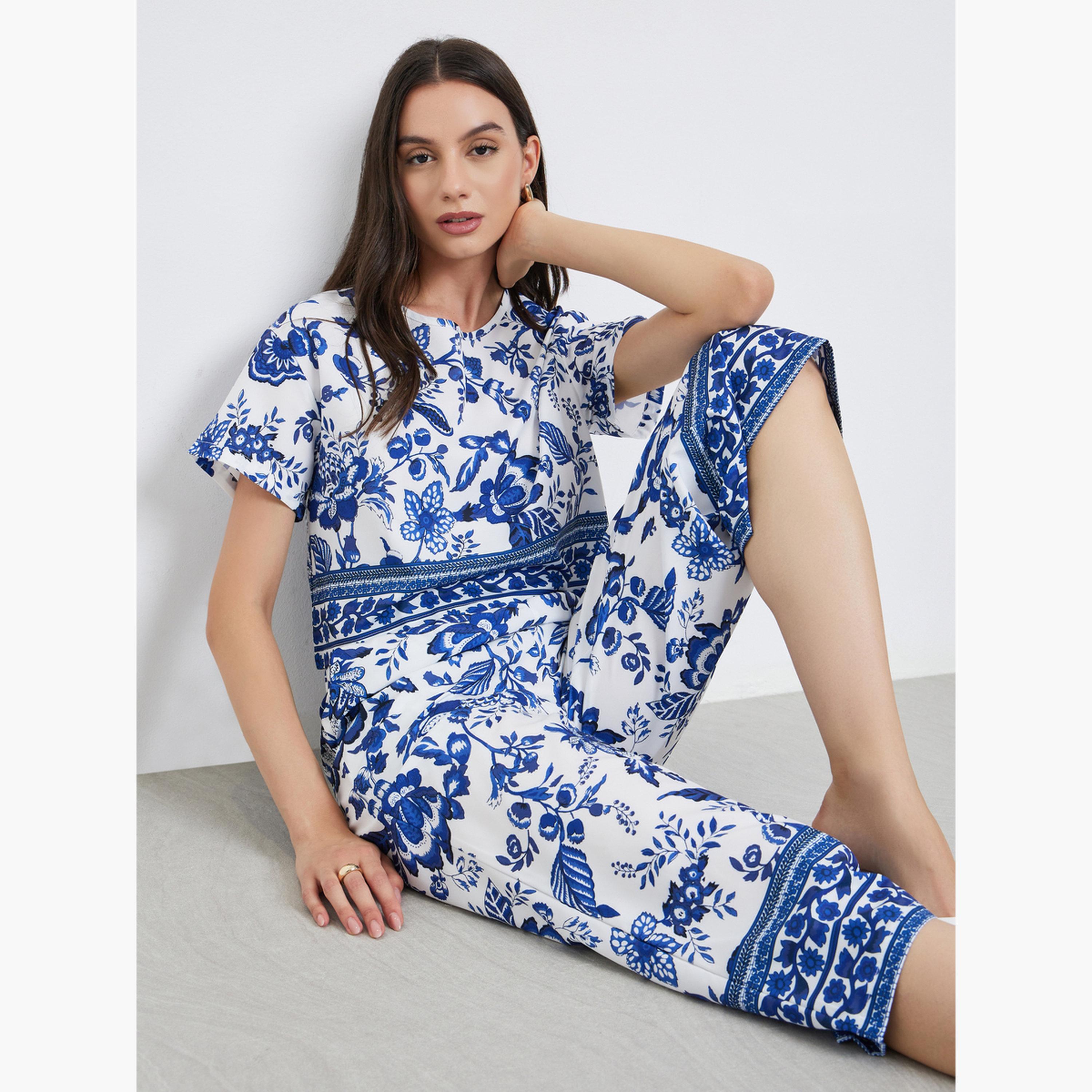 تيك تو - طقم بلوزة مطبوعة بالورود بالكامل وبنطال فضفاض-women-clothing-coordsets-image-2