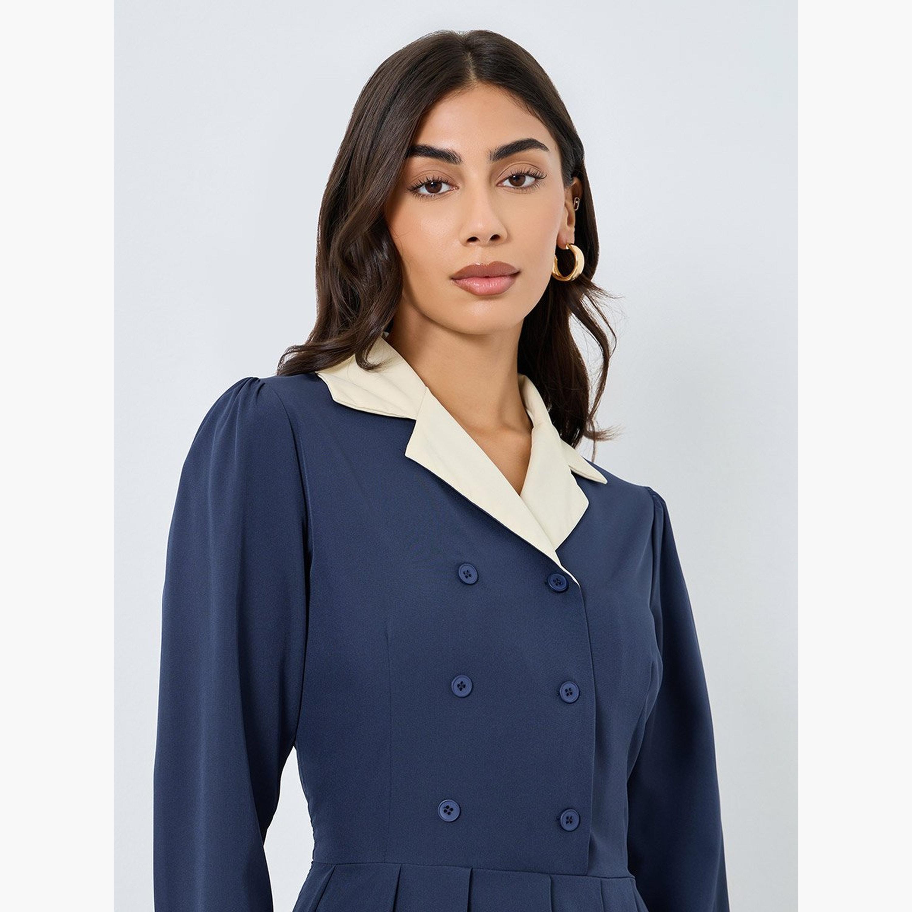ستايلي - فستان ماكسي أزرق داكن بفتحة صدر متباينة-women-clothing-dresses-image-3