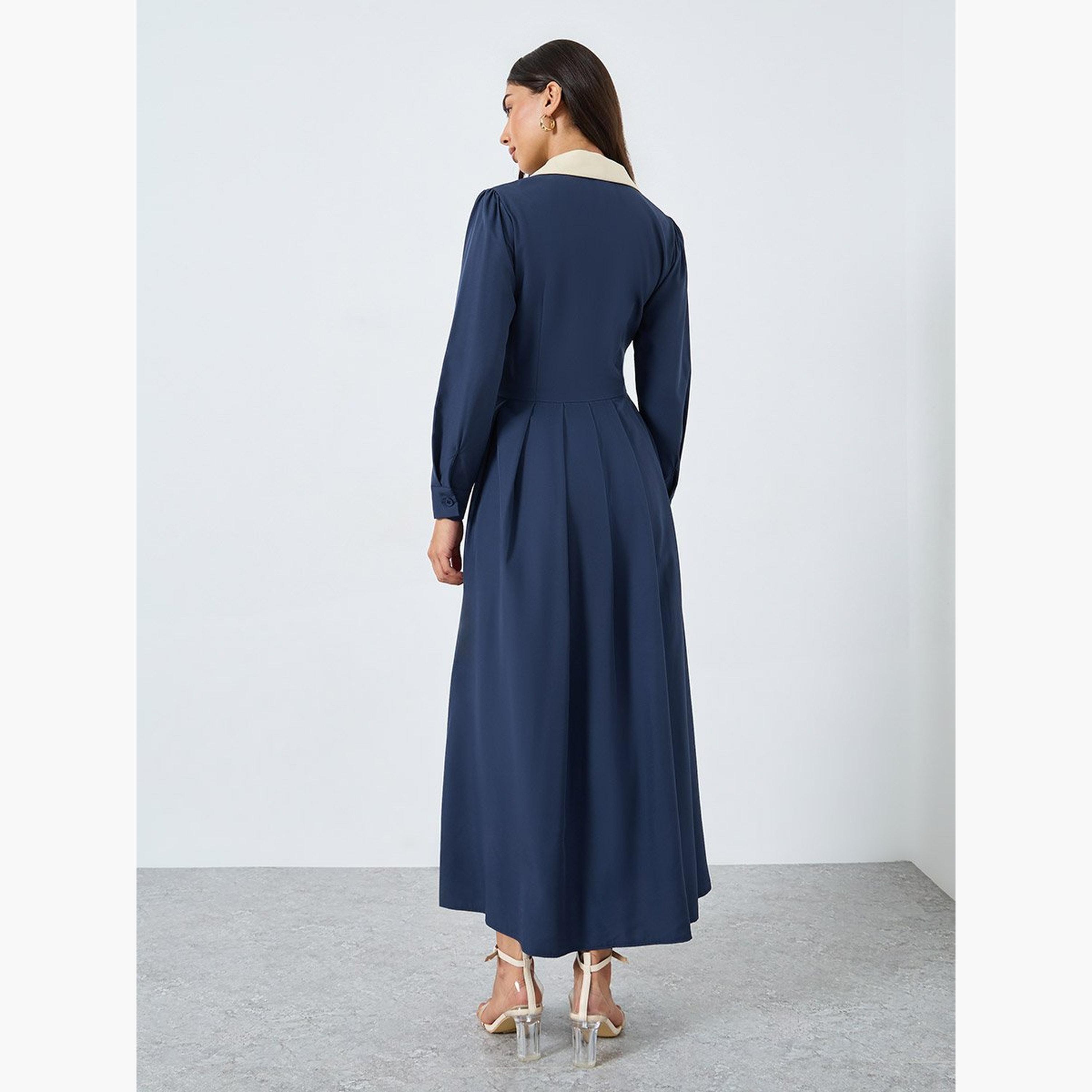ستايلي - فستان ماكسي أزرق داكن بفتحة صدر متباينة-women-clothing-dresses-image-4