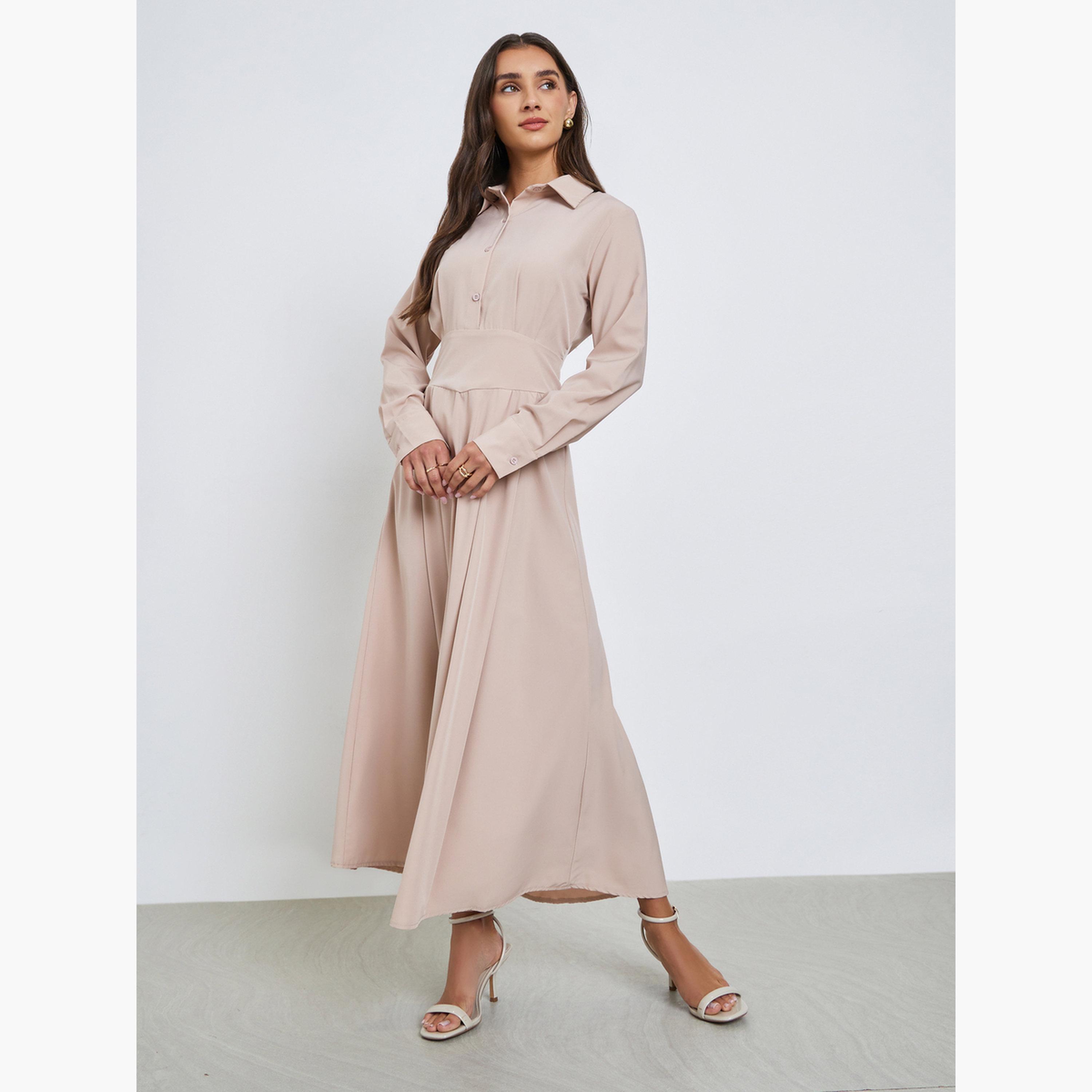 ستايلي - فستان ماكسي بقميص بيج مع طيات للنساء-women-clothing-dresses-image-1
