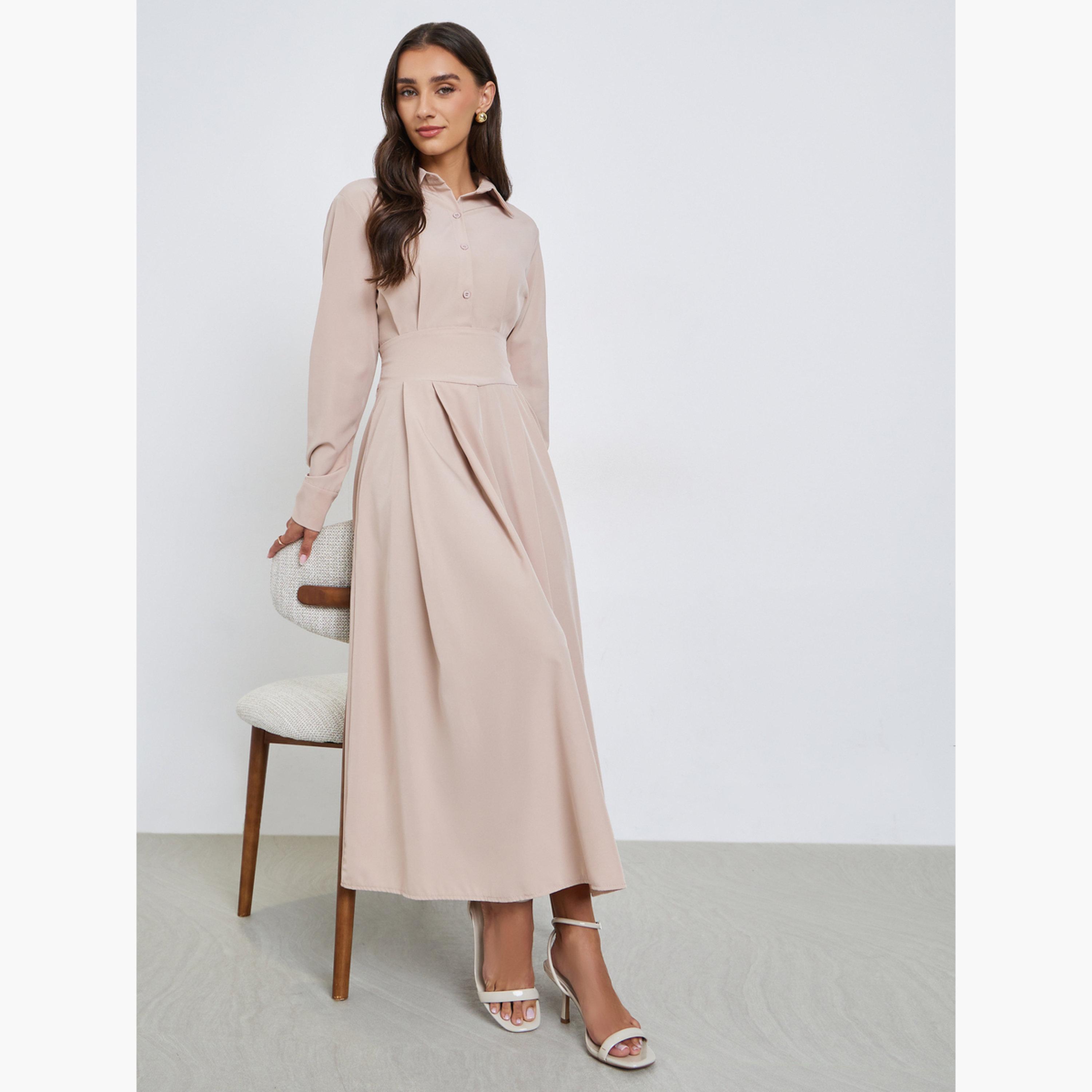 Styli Women Beige Shirt Maxi Dress with Fold Pleat-women-clothing-dresses-image-2