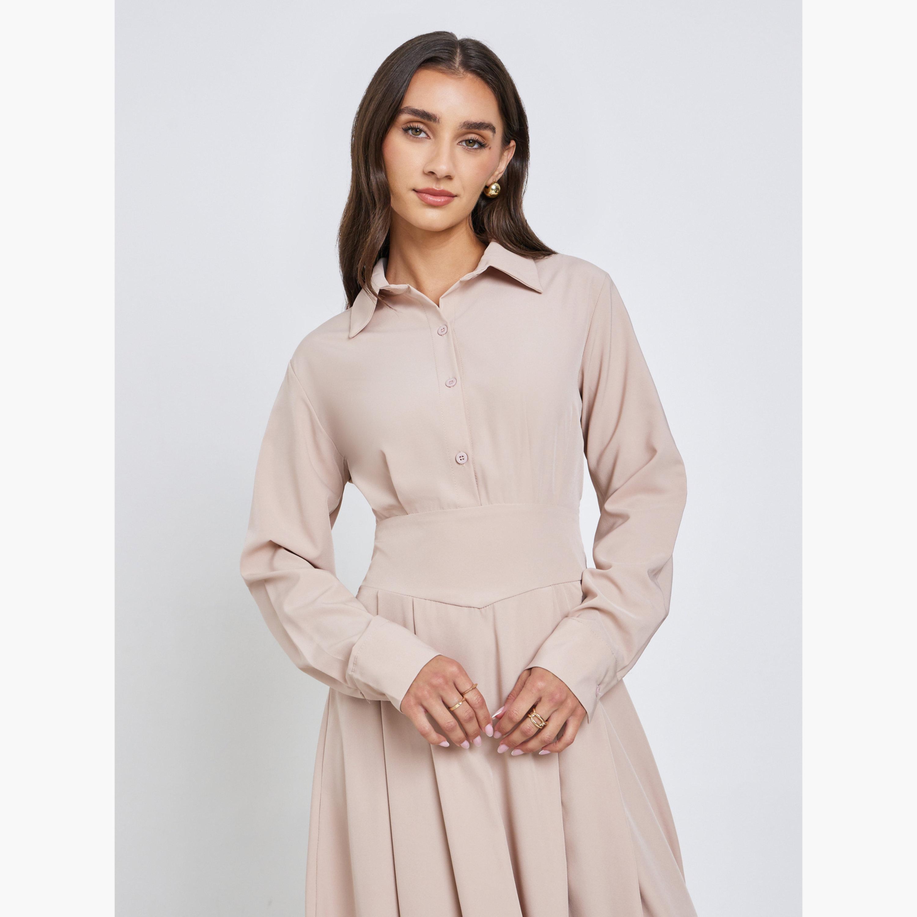 ستايلي - فستان ماكسي بقميص بيج مع طيات للنساء-women-clothing-dresses-image-3