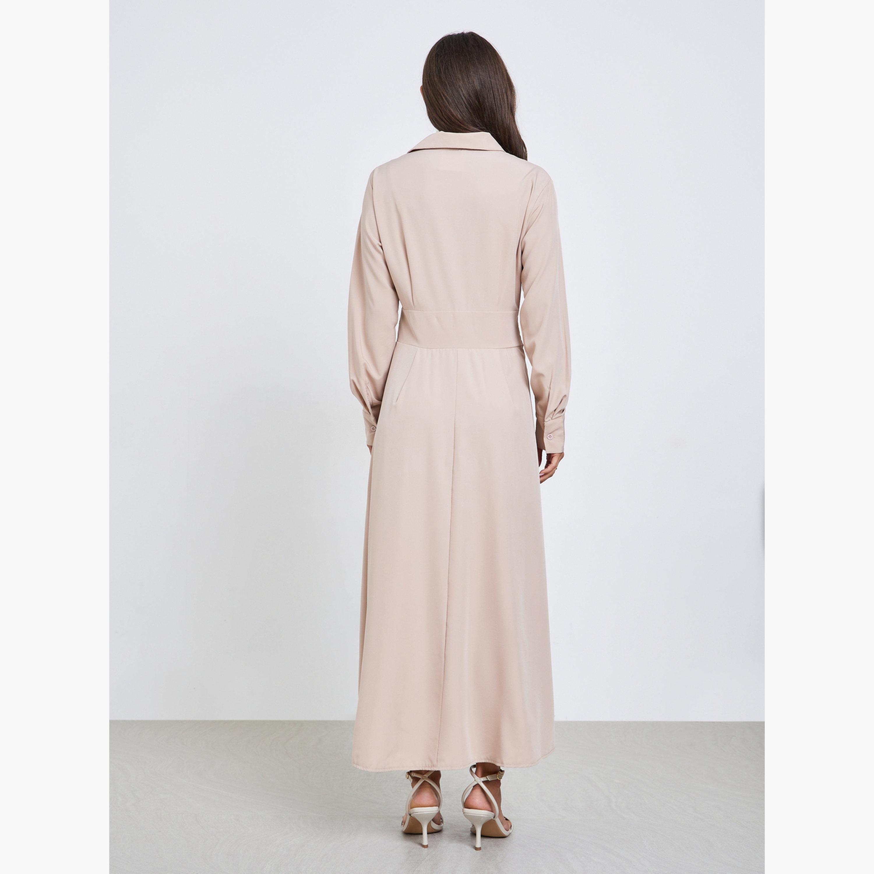 ستايلي - فستان ماكسي بقميص بيج مع طيات للنساء-women-clothing-dresses-image-4