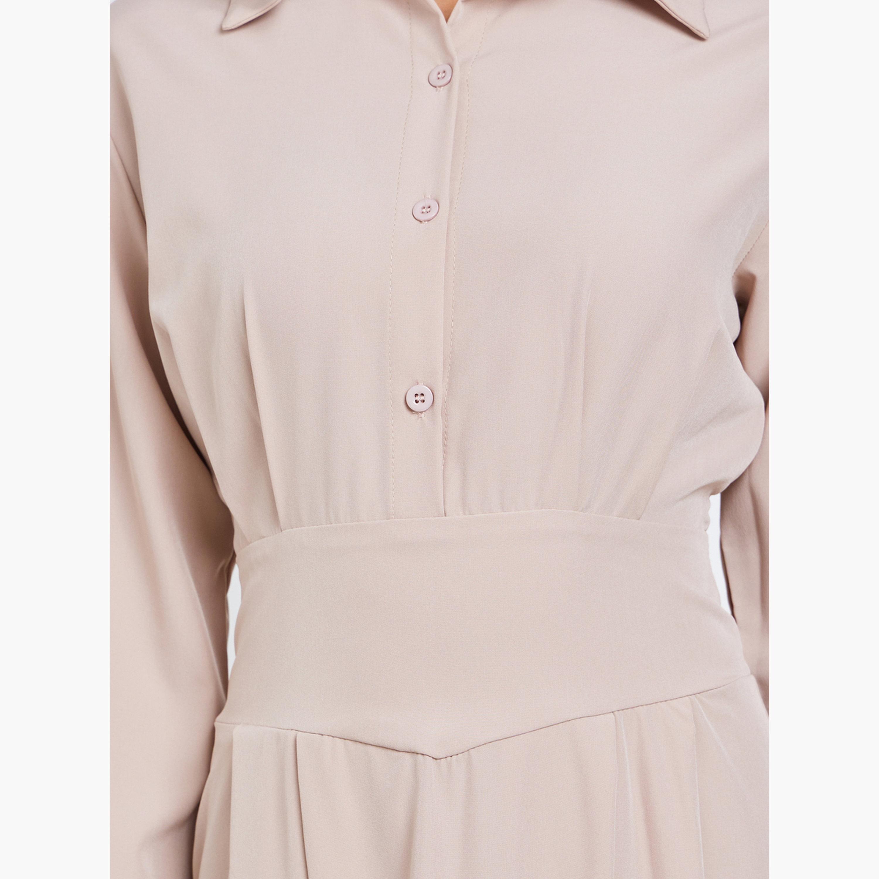 ستايلي - فستان ماكسي بقميص بيج مع طيات للنساء-women-clothing-dresses-image-5