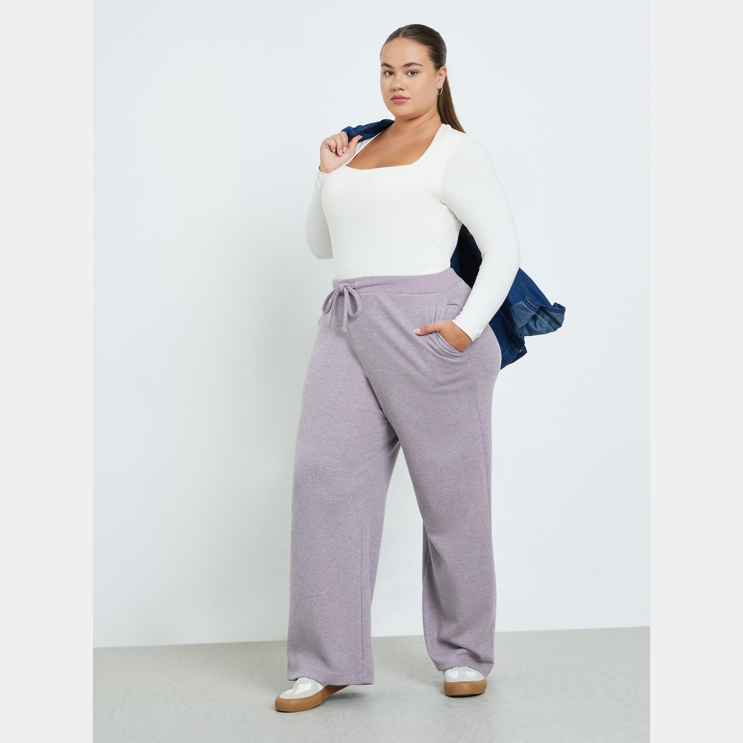 Styli Plus Size Lilac Ribbed Relaxed Fit Joggers-women-clothing-bottoms-joggers-image-2