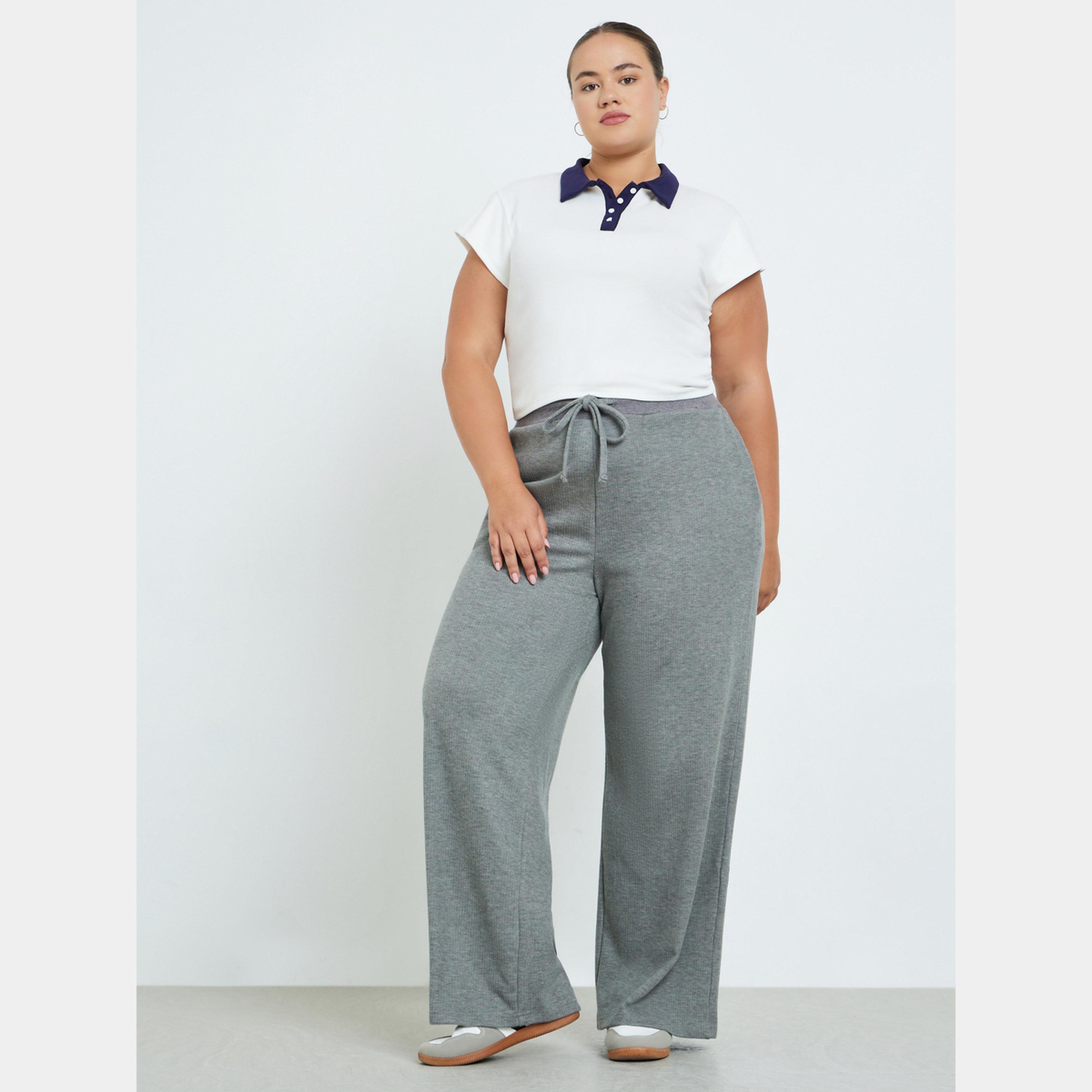 Styli Plus Size Grey Ribbed Relaxed Fit Joggers-women-clothing-bottoms-joggers-image-2