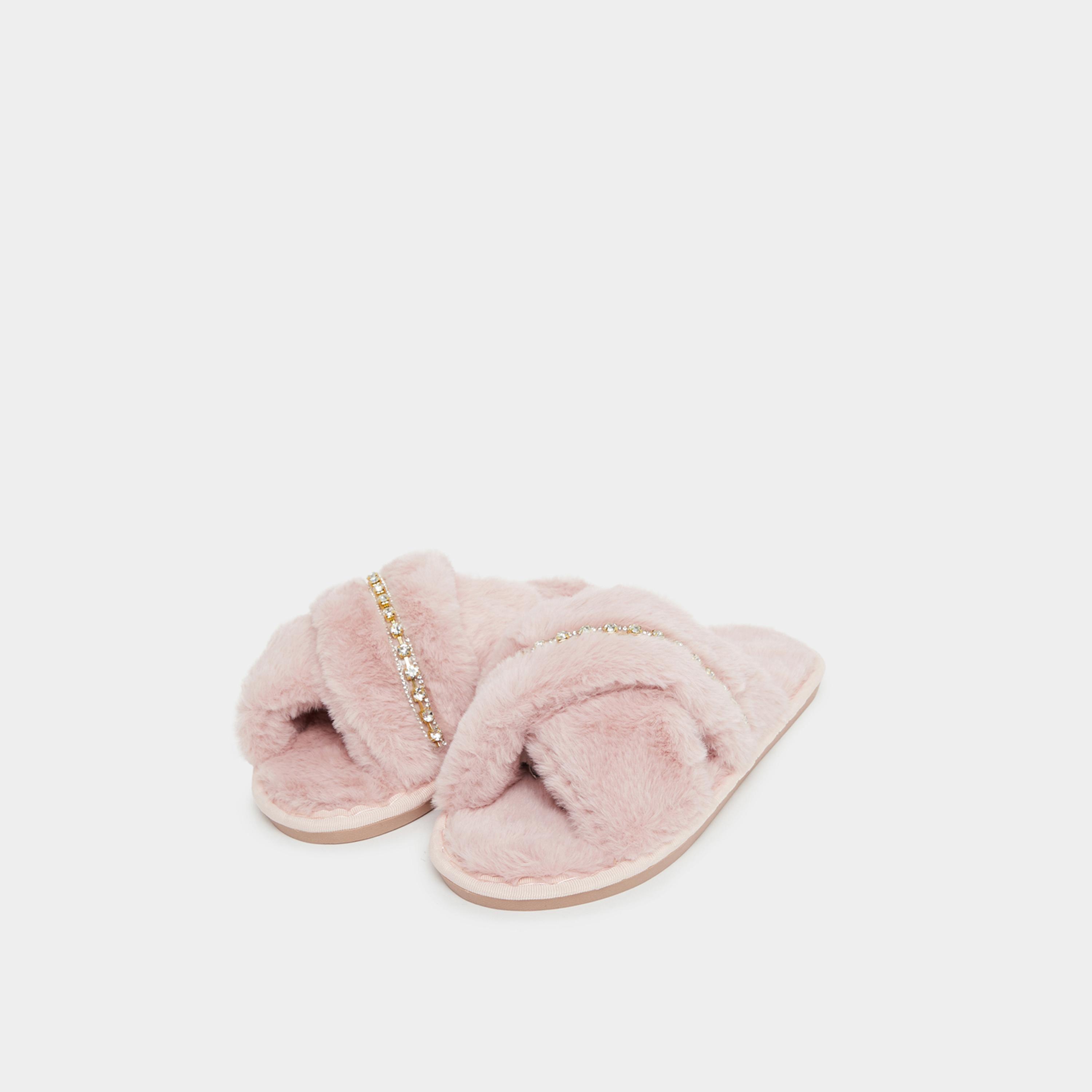 Styli Women Beige Embellished Faux Fur Bedroom Slippers-women-shoes-bedroomslippers-image-1