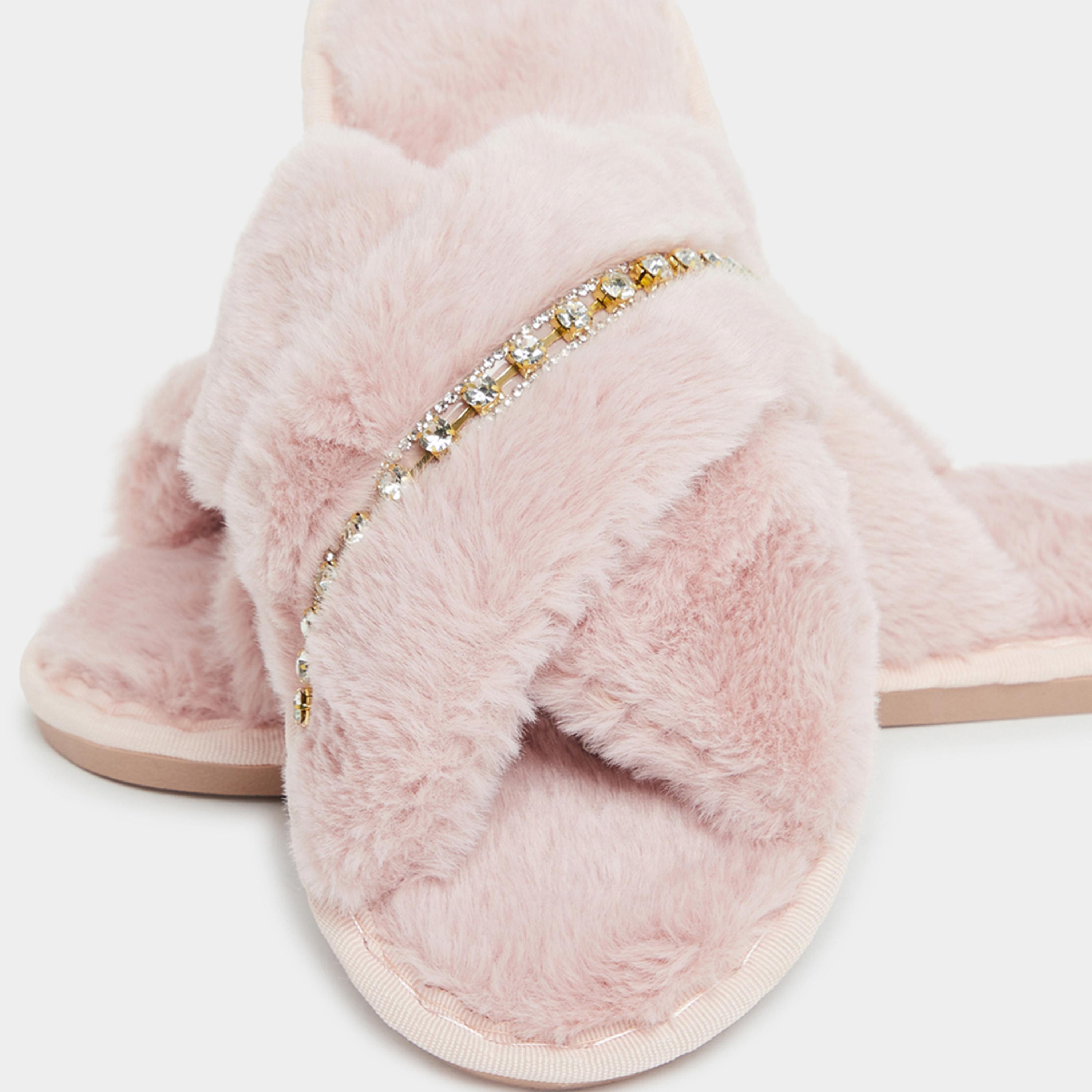 Styli Women Beige Embellished Faux Fur Bedroom Slippers-women-shoes-bedroomslippers-image-4