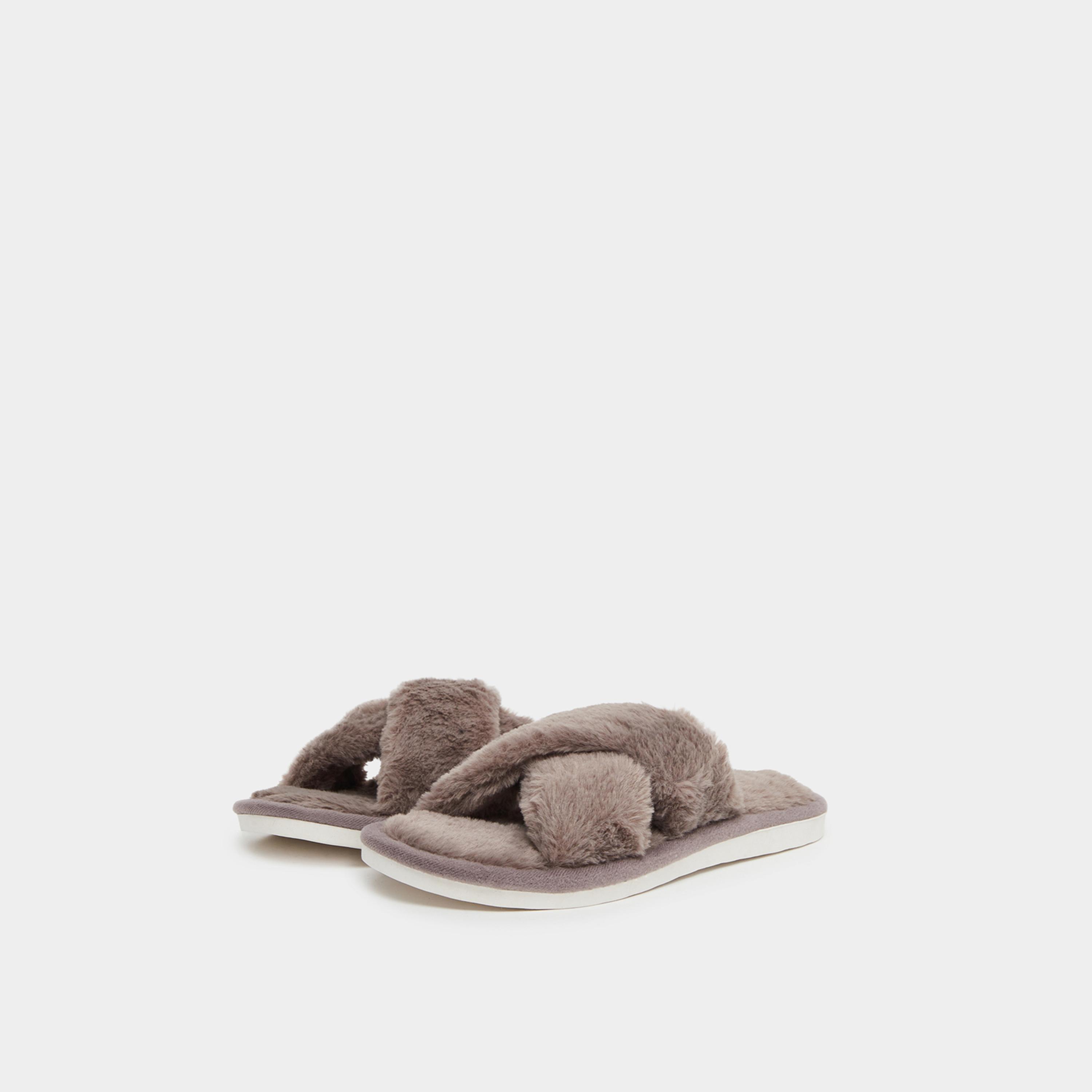 Styli Women Brown Faux Fur Criss Cross Bedroom Slippers-women-shoes-bedroomslippers-image-1