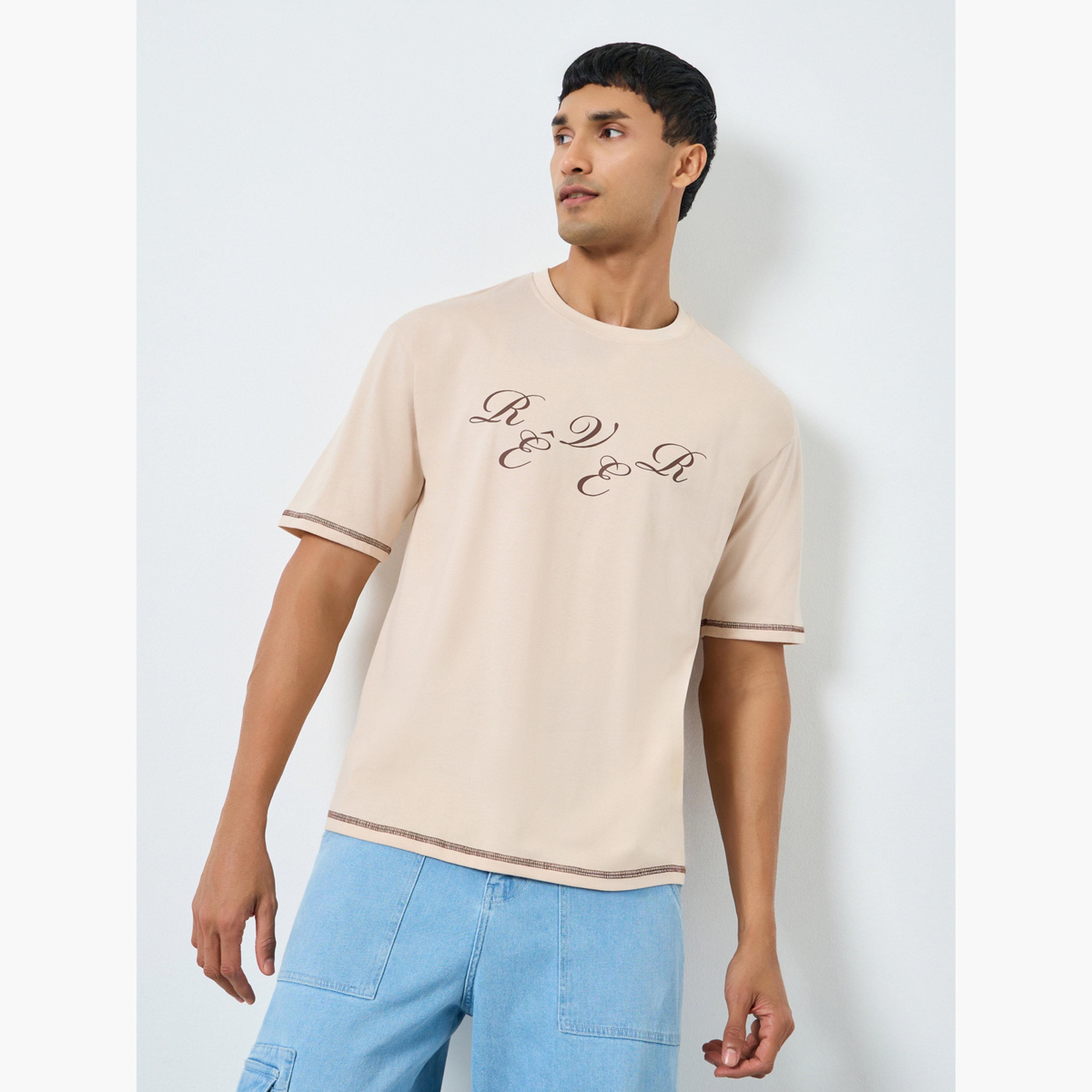 Styli Men Beige Graphic Print Oversized T-Shirt-men-clothing-tshirtsandpolos-tshirts-image-1