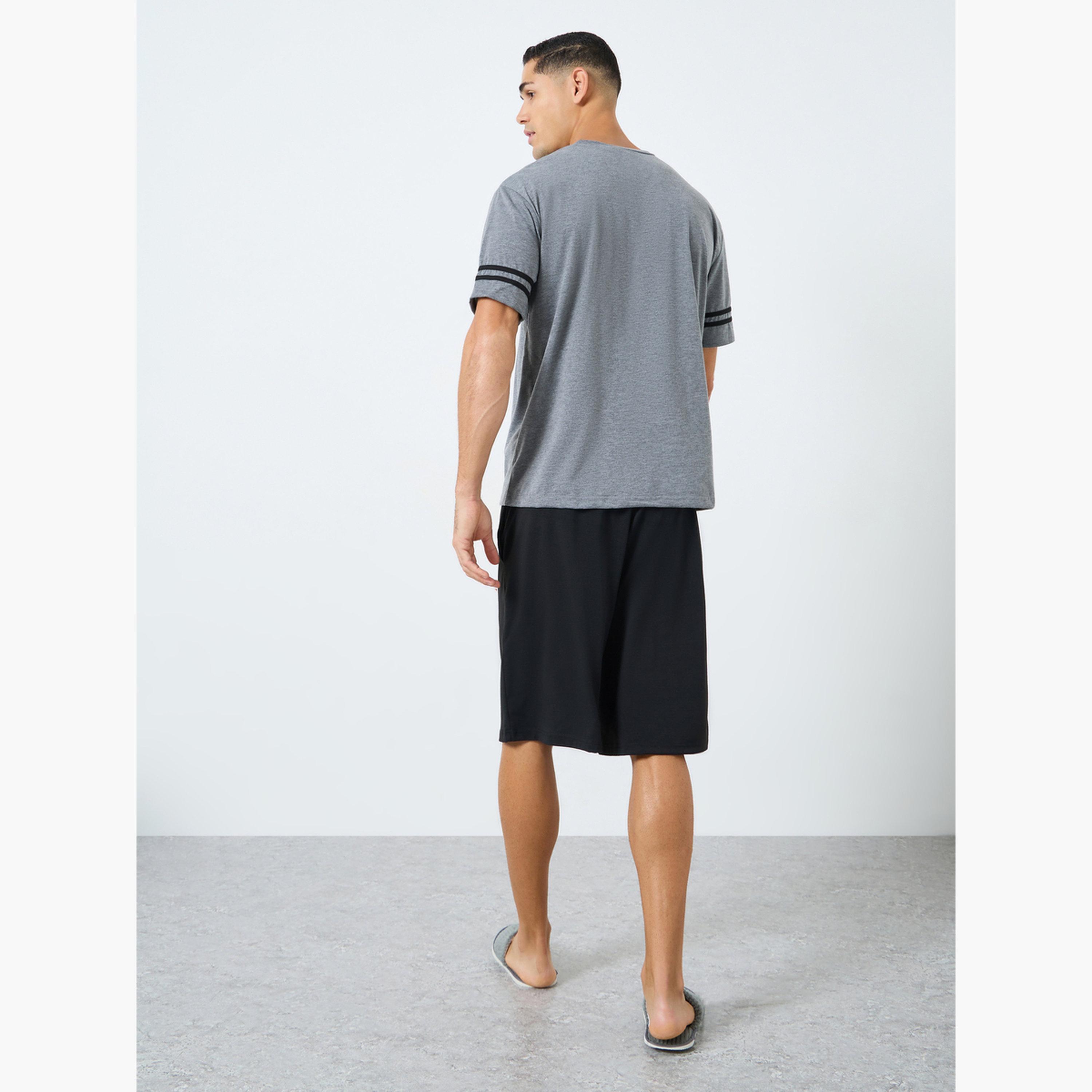 Styli Men Relaxed Fit Striped T-Shirt and Shorts Pyjama Set-men-clothing-nightwear-pyjamaandshorts-image-3