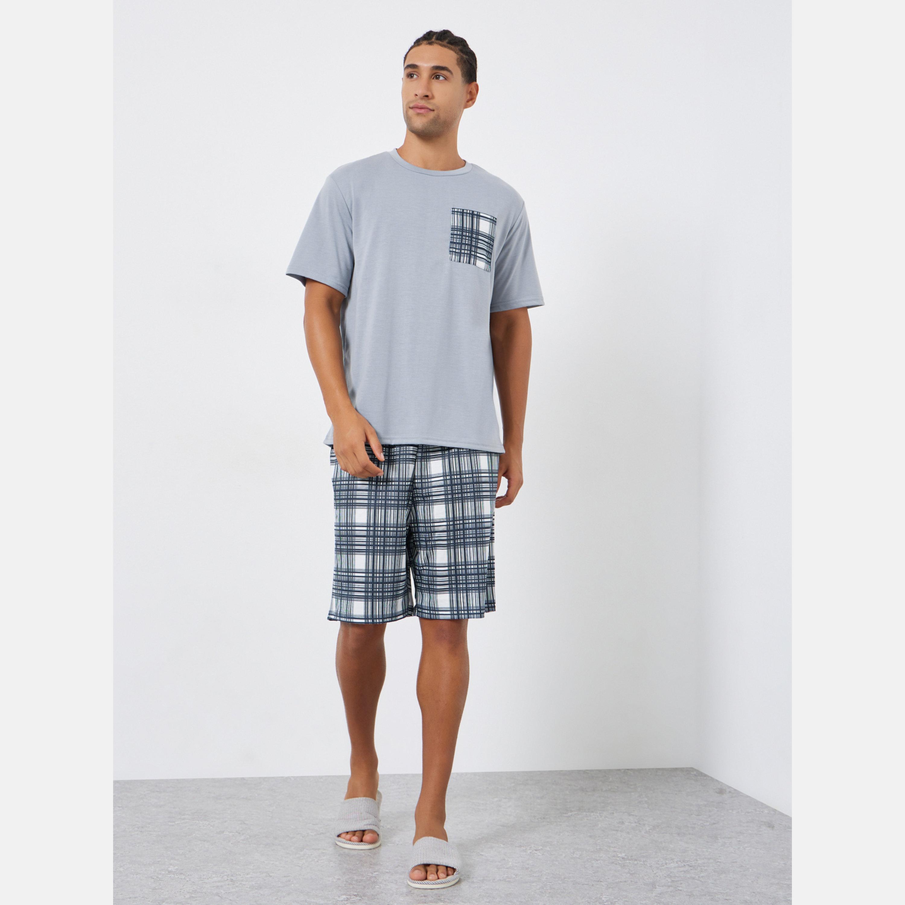 Styli Men Checked Relaxed Fit T-Shirt and Shorts Set-men-clothing-nightwear-sets-image-1