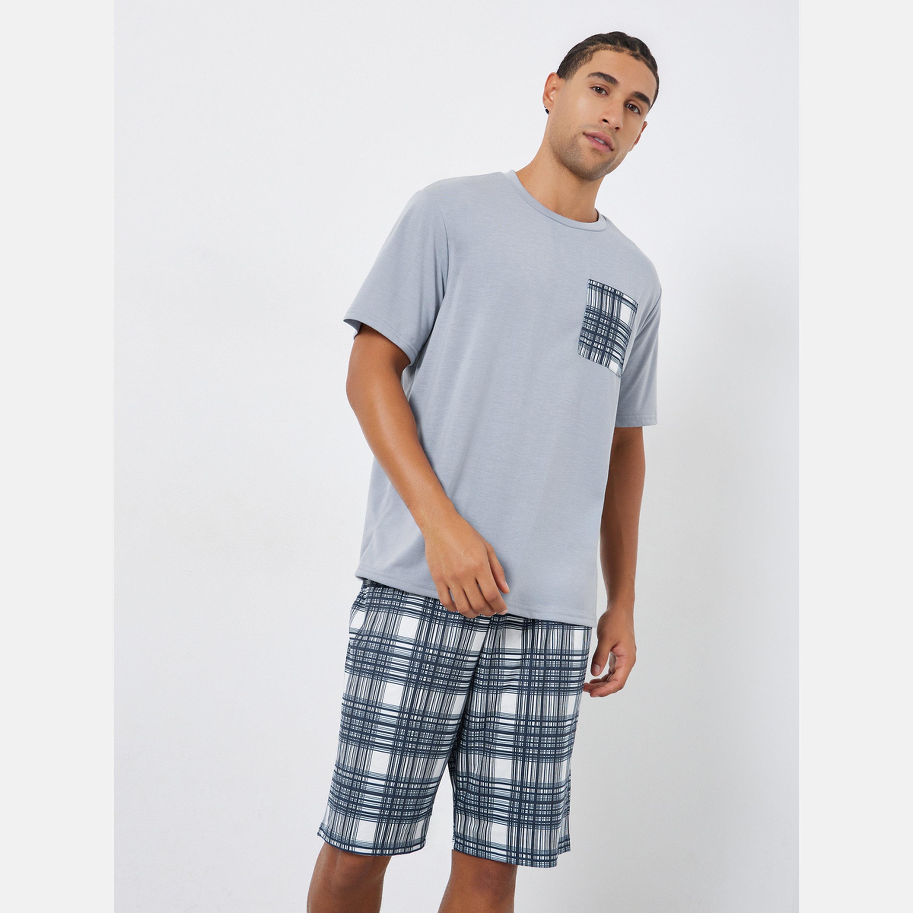 Styli Men Checked Relaxed Fit T-Shirt and Shorts Set-men-clothing-nightwear-sets-image-2