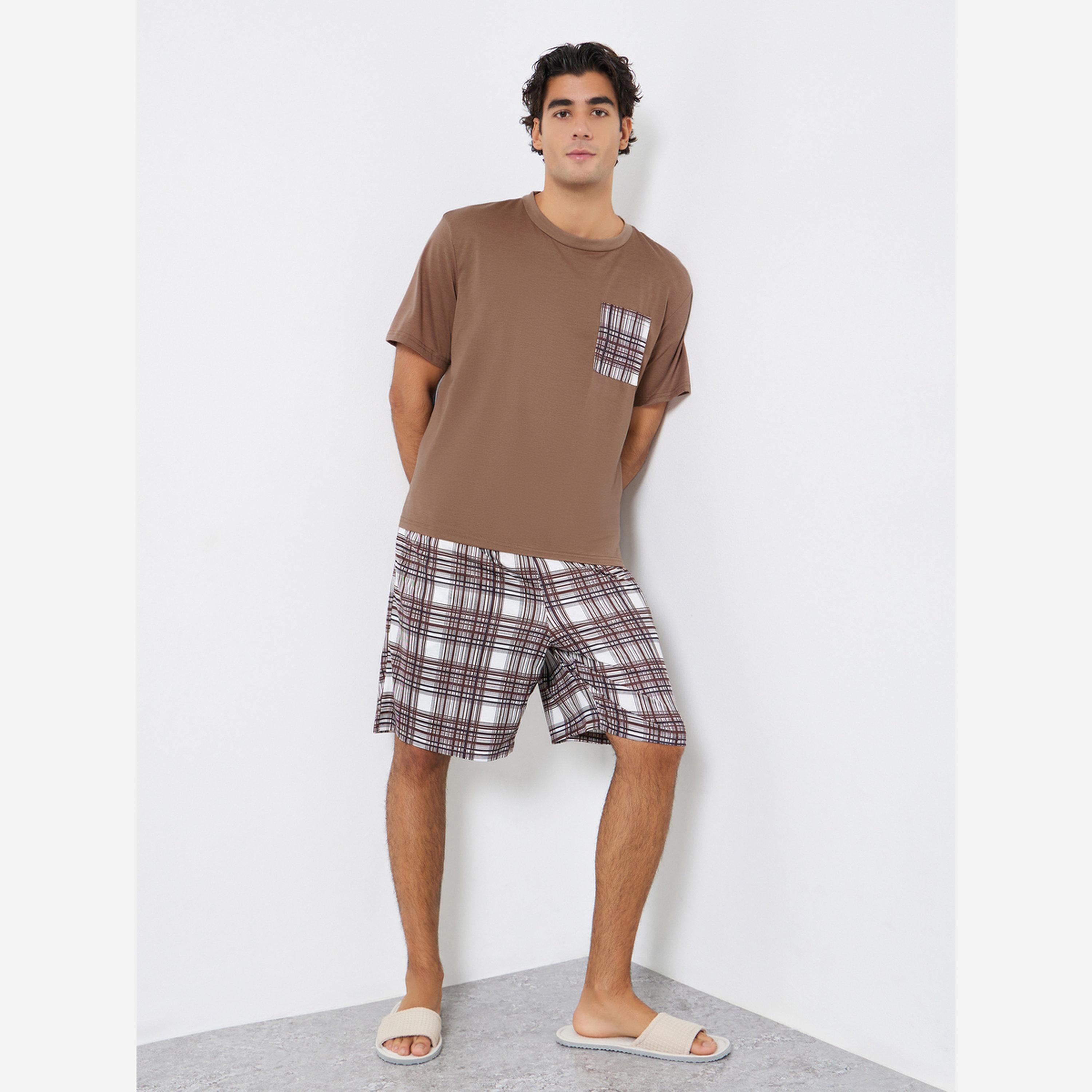 Styli Men Checked Relaxed Fit T-Shirt and Shorts Set-men-clothing-nightwear-sets-image-1