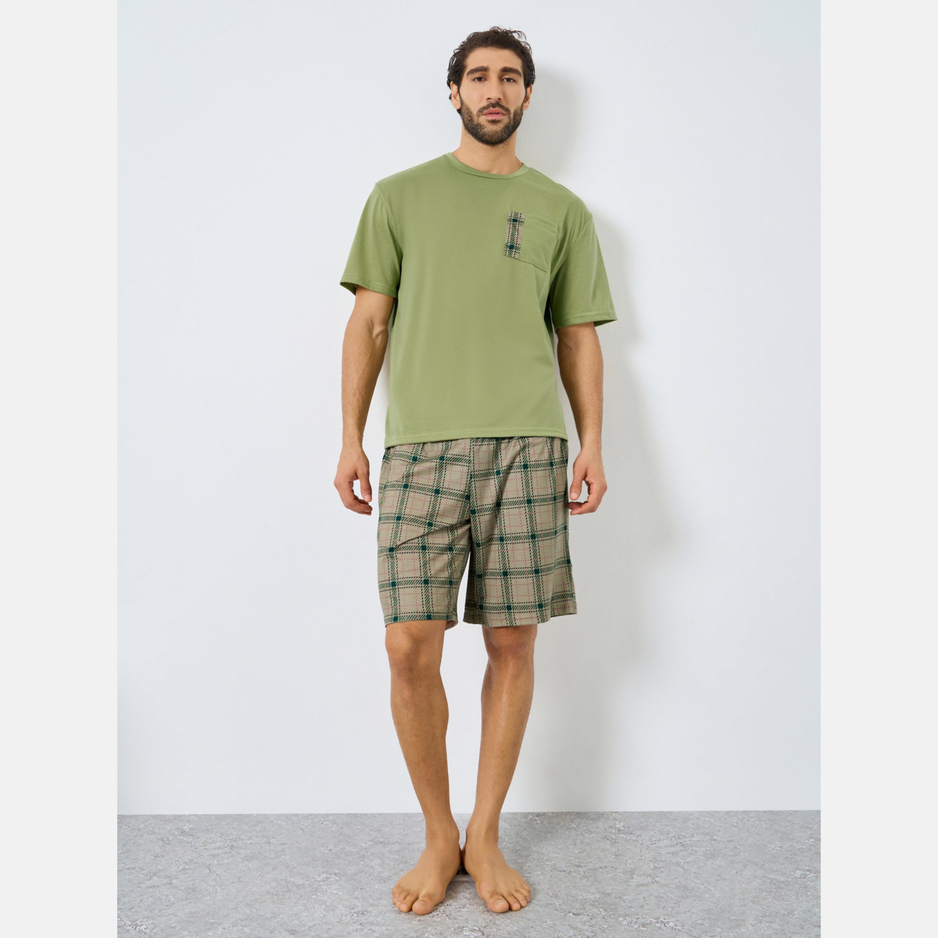 Styli Men Relaxed Fit Pocket T-Shirt and Checked Shorts Set-men-clothing-nightwear-sets-image-1